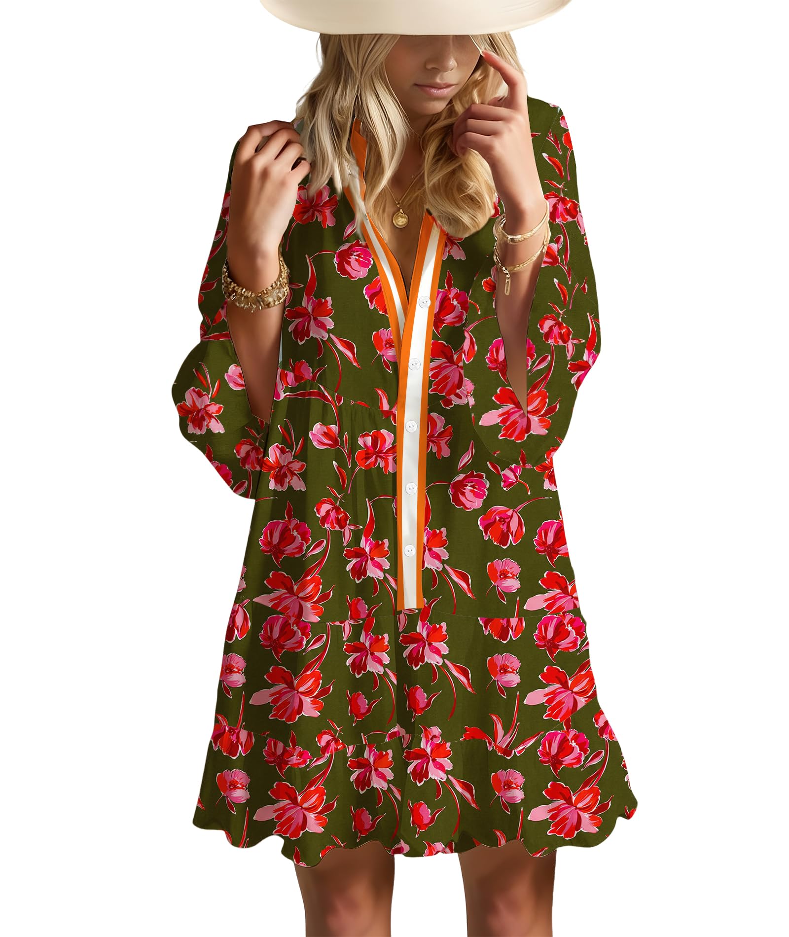 Summer Dresses for Women 2026 Flowy Ruffle 3/4 Sleeve V Neck Tiered Casual Babydoll Boho Beach Mini Dress