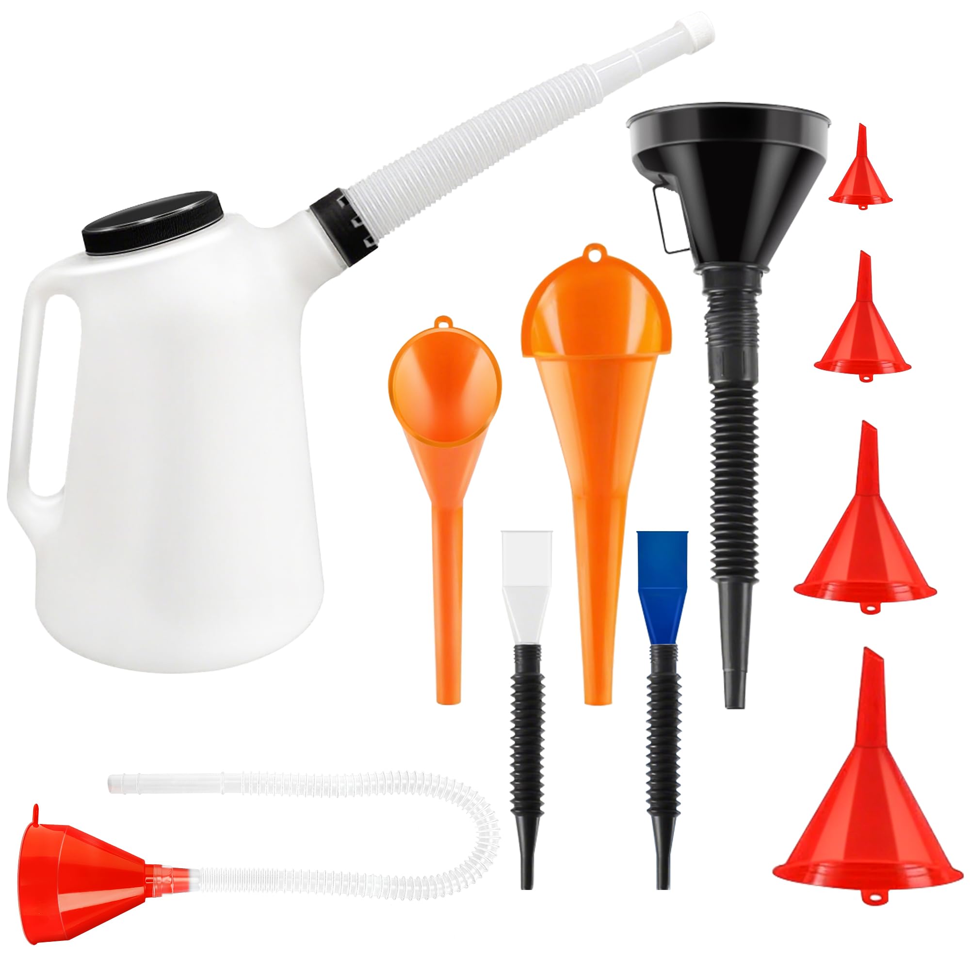Juego de jarra de aceite de 5 cuartos y 10 embudos – Contenedor de medición de aceite con tapa y boquilla flexible, kit de embudo automotriz para automóviles, camiones, motocicletas