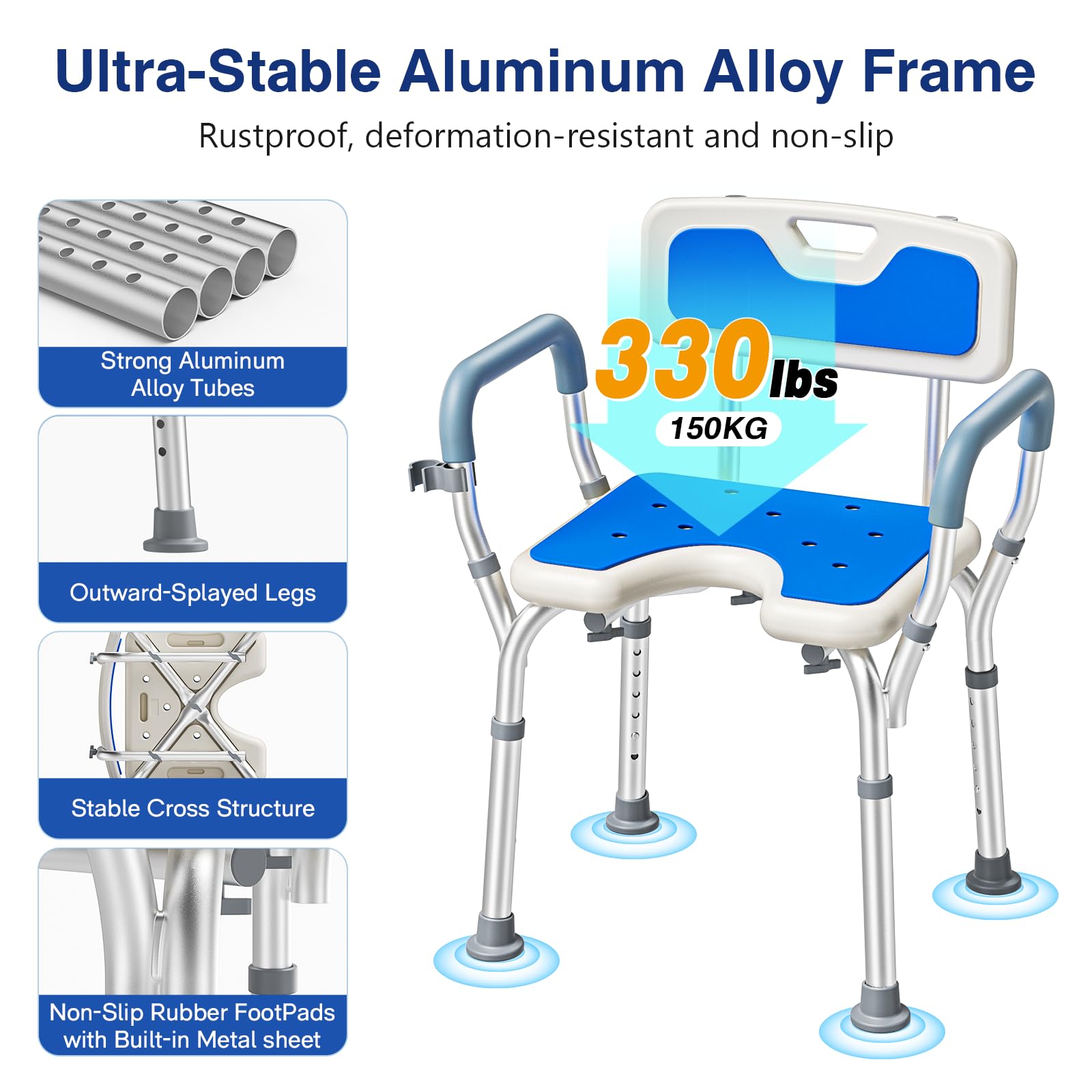 Silla de Ducha con Brazos y Respaldo, Asiento de Ducha Ajustable Taburete de Baño Antideslizante Forma U para Ancianos Discapacitadas Embarazadas