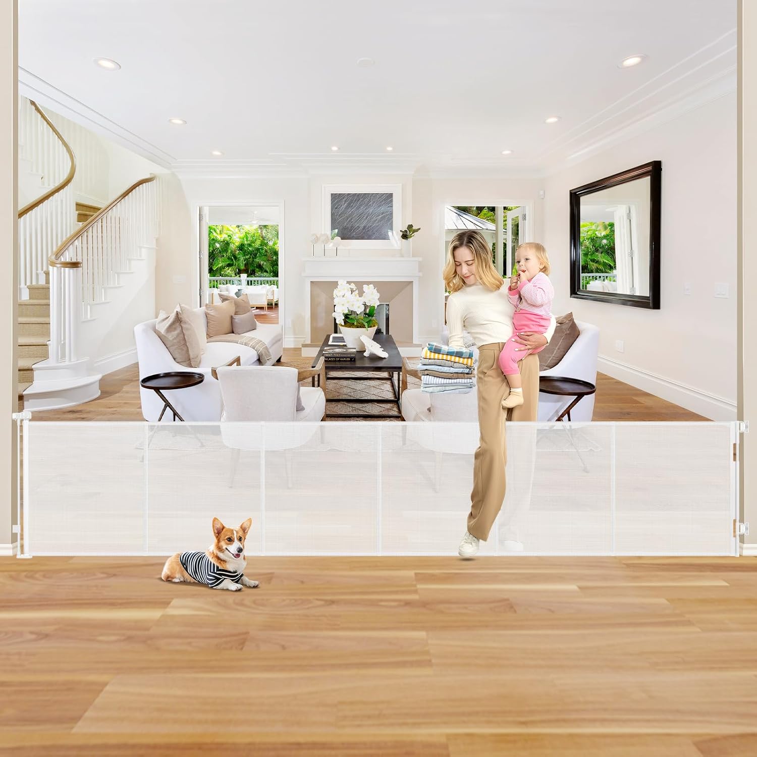 Reinforced 26 Inch Tall Retractable Baby Gates to Step Over 135" Wide Small Outdoor Retractable Child Gates for Doorways Short Retractable Dog Gates for Baby Indoor Retractable Stairs Gate for Kids White Reinforced 26" Tall x 135" Wide