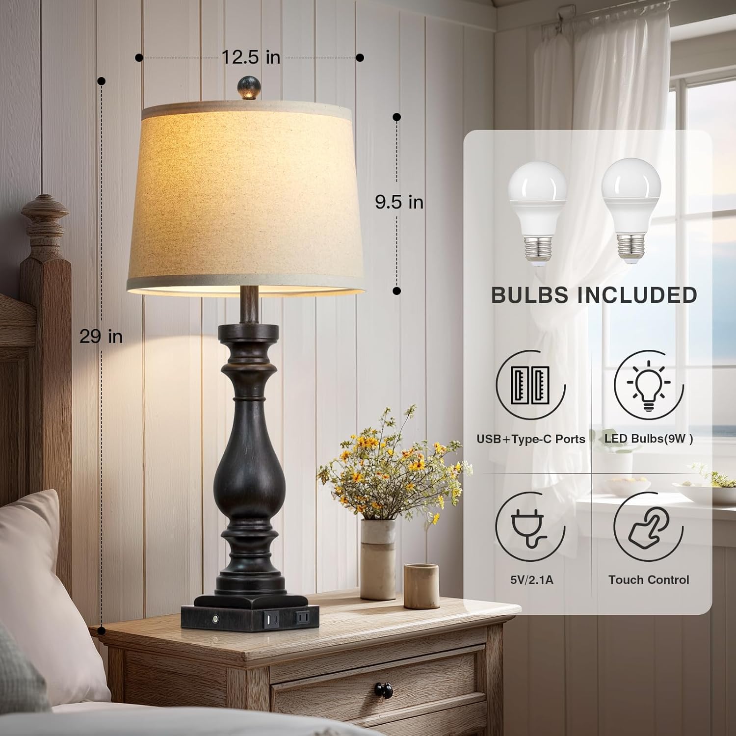 29" Tall Vintage Table Lamps Set of 2,Black Farmhouse Bedside Lamps with USB C+A Ports & AC Outlet,3-Way Dimmable Touch Lamp for Night Stands Living Room Bedroom,Black