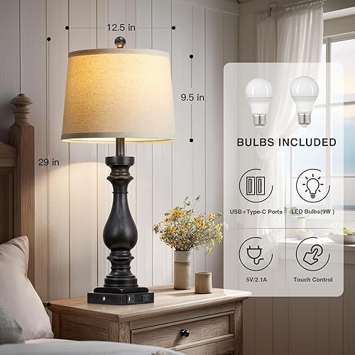 Miniatura 2 de 29" Tall Vintage Table Lamps Set of 2,Black Farmhouse Bedside Lamps with USB C+A Ports & AC Outlet,3-Way Dimmable Touch Lamp for Night Stands Living