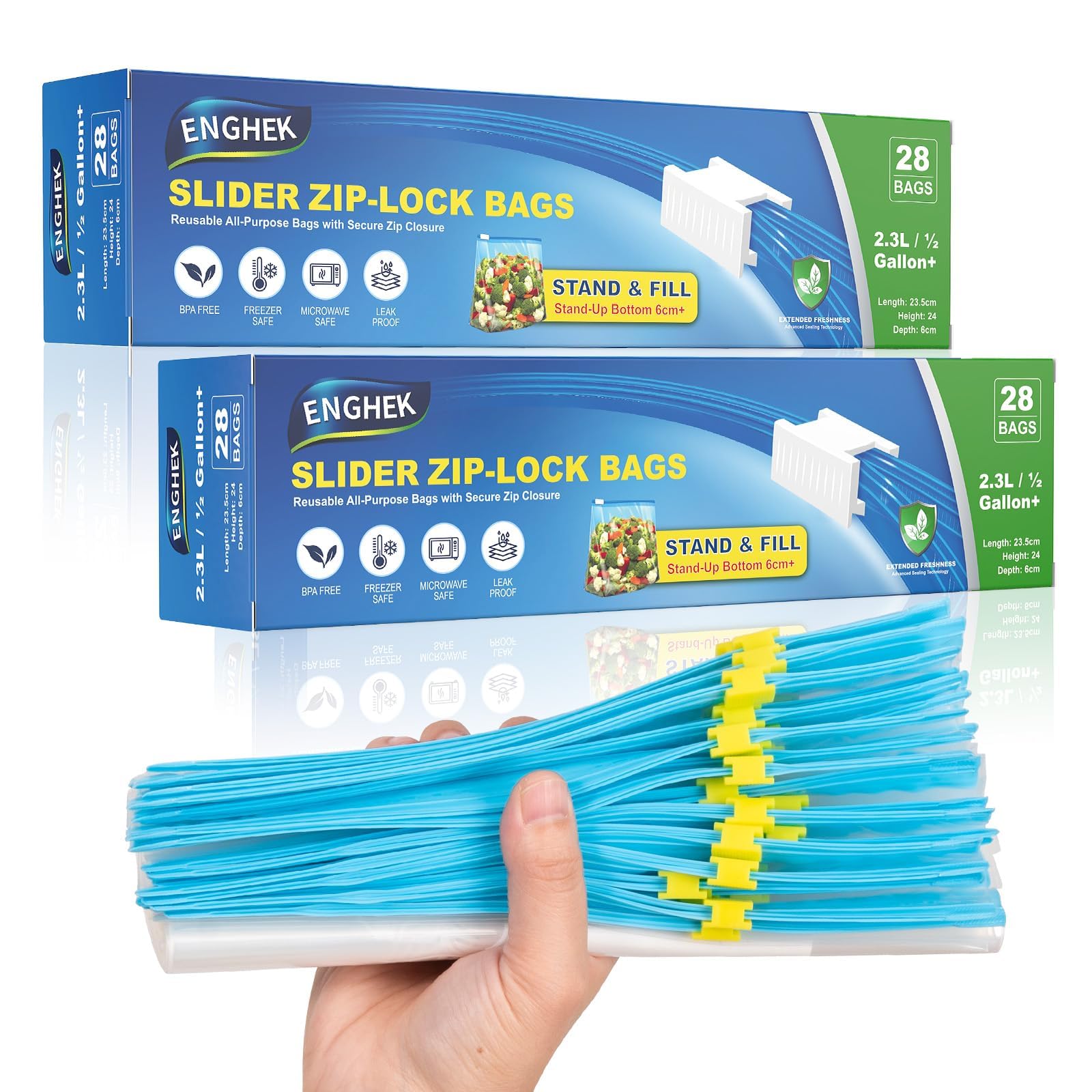 ENGHEK 56PC Larger Zip Lock Bags, Reusable Freezer Bag, Over Half-Gallon/2.5L, Clear Food Storage Slider Sandwich Bag with Expandable Bottom, BPA-Free Zip Seal Bags for Fruit, Vegetables, Meat, Grains