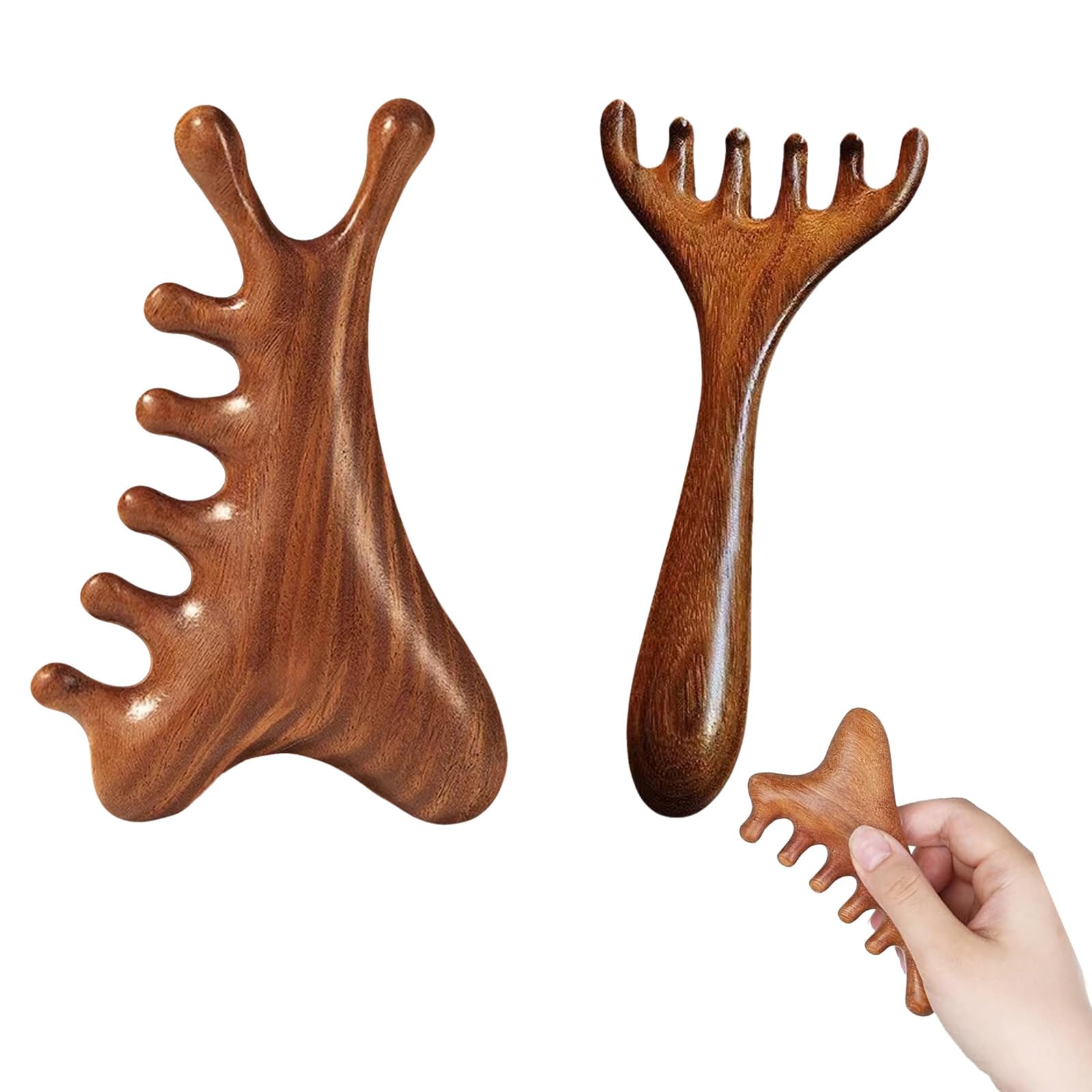 2 Unidades Peine de Madera Natural para Masaje Capilar, Herramienta Masaje Multiusos - Masajeador de Cuero Cabelludo, Facial y Corporal, Marrón