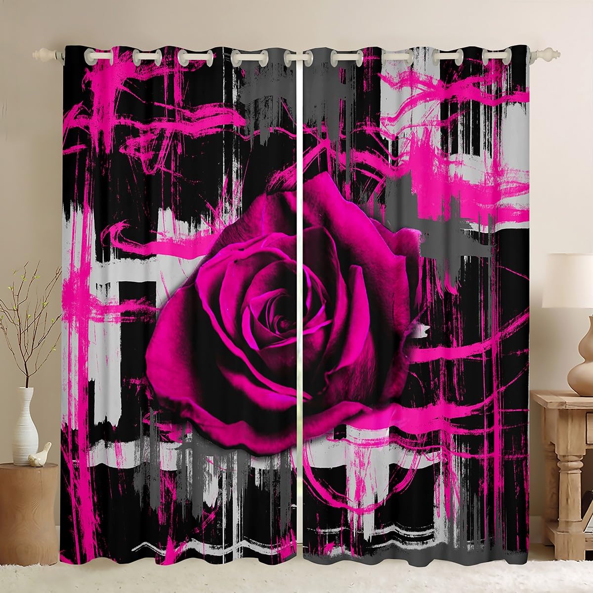 Homemissing Abstract Art Curtains for Bedroom Living Room Girls Boys (2 Panels, W46*L72) Hot Pink Rose Blackout Curtainsative Geometric Stripes Darkening Dreapes Modern Striped Window Treatments
