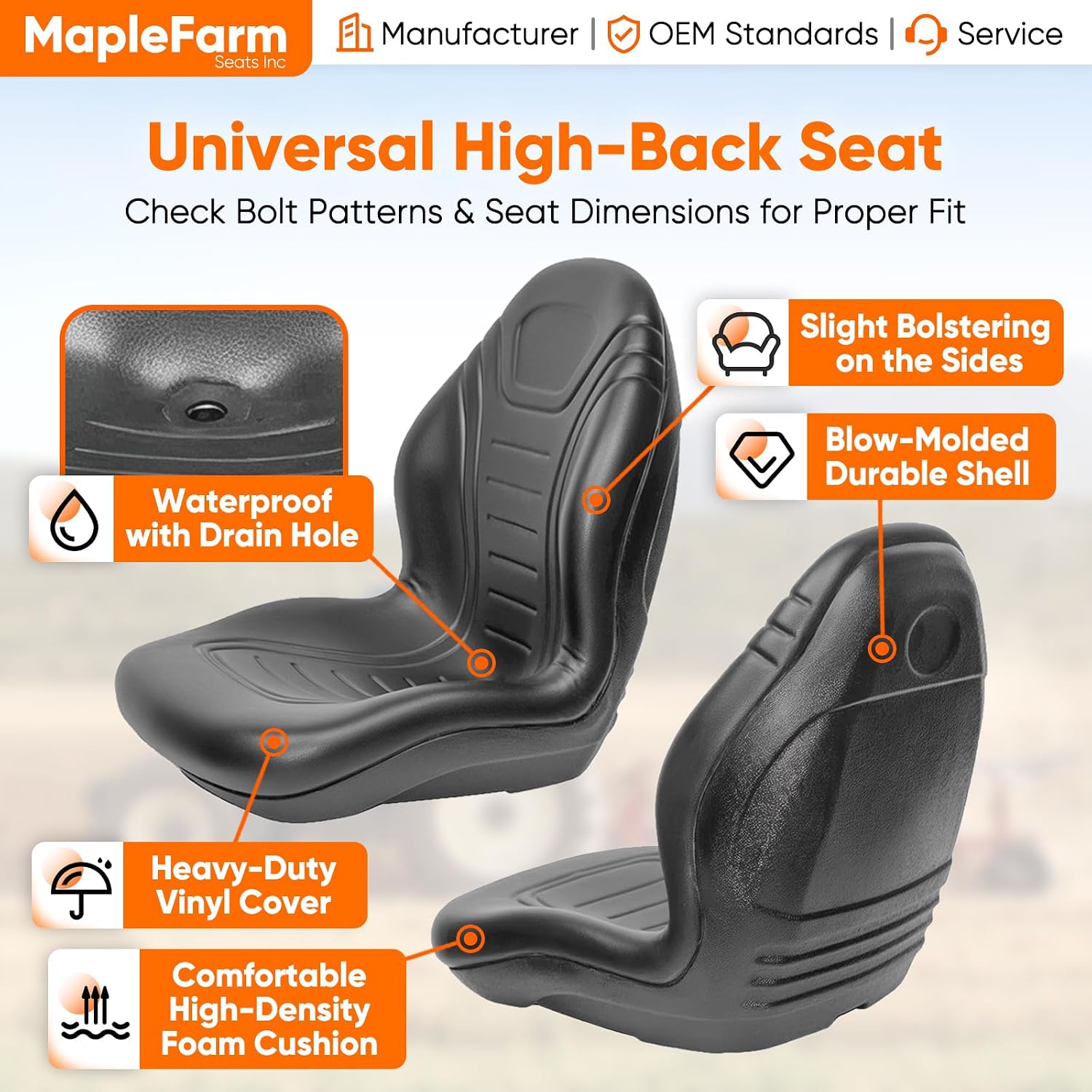 MFS Universal Forklift Lawn Tractor Seat, Waterproof Vinyl Cover with Drain Hole Soft Foam Cushion Equipment Accessory Part High Back Seat Replacement Fits Garden Riding Lawn Mower Skid Steer - 149