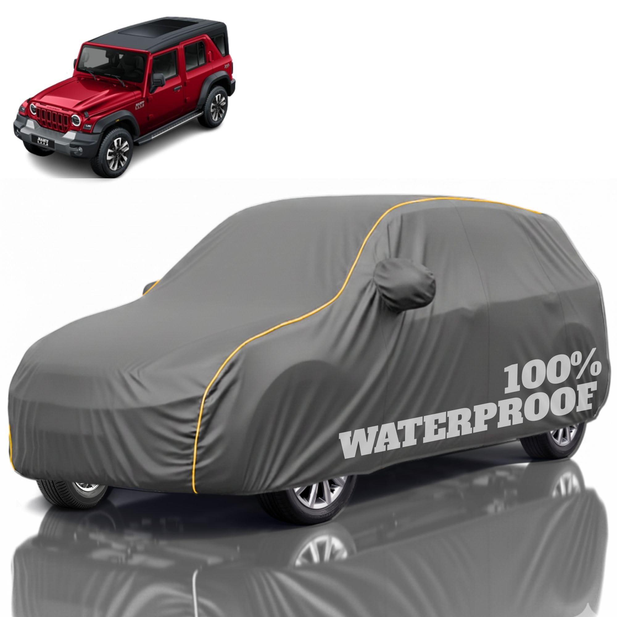 Premium Polyester Car Cover Thar Roxx All-Weather Protection from Rain, Dust &amp; Sun | UV Resistant Fabric | Full Body Secure Fit for Outdoor &amp; Indoor Parking Grey