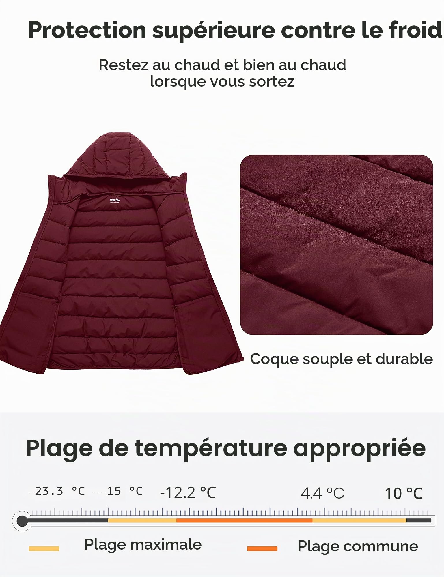 Wantdo Veste d'Hiver pour Femme Parka Chaude Doudoune Léger Manteau | Coupe Coupe-vent,Imperméable,Poignets Côtelés,Poches à Boutons-Pression,Taille Ajustable,Capuche Amovible,Plein air