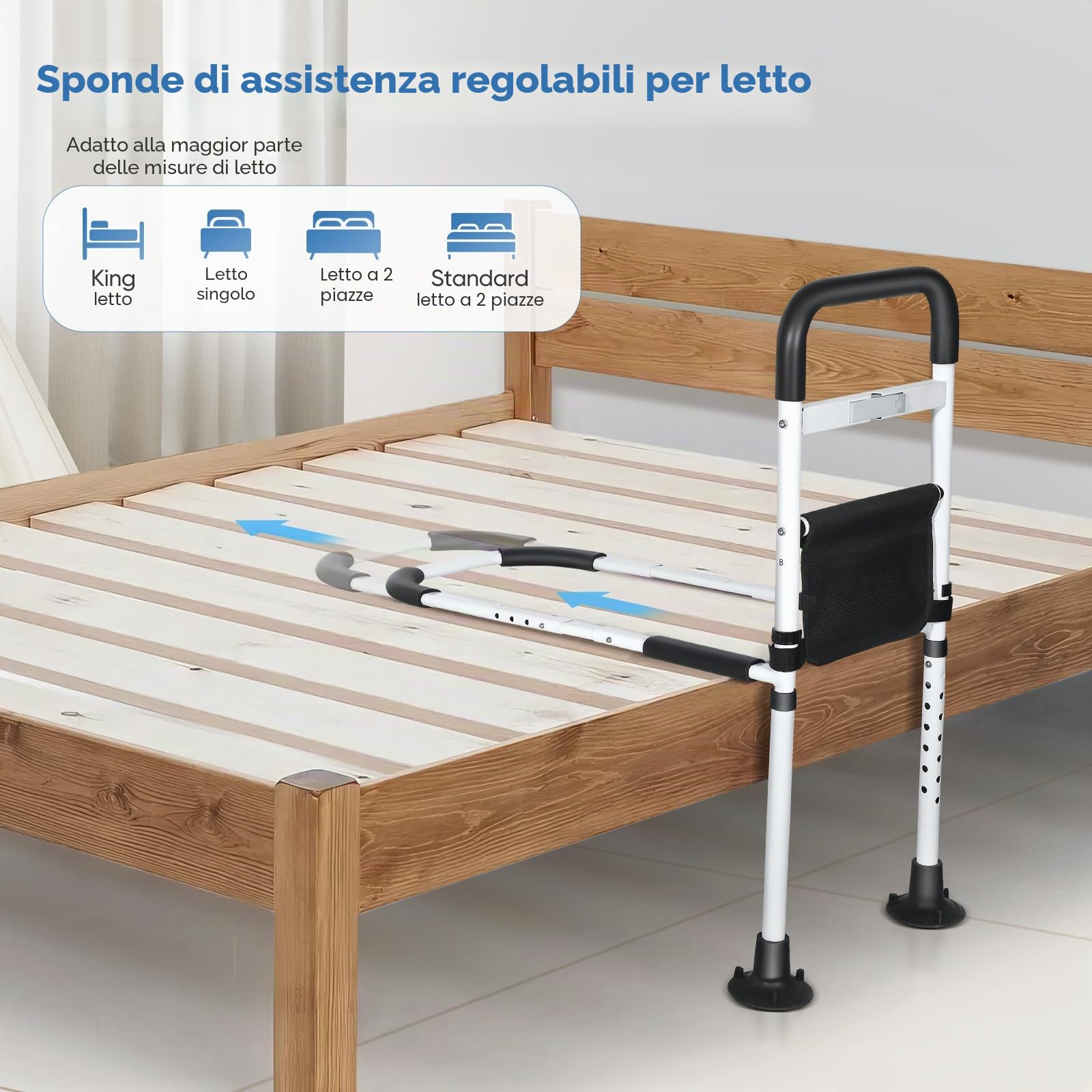 Griglia da letto per adulti anziani con lampada, manico antiscivolo regolabile, telaio in acciaio stabile, facile da installare, custodia per riporre – sicurezza e supporto per anziani