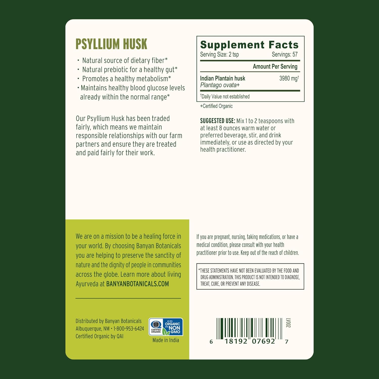 Banyan Botanicals Psyllium Husk – Organic Whole Husk Fiber – Natural Prebiotic & Source of Dietary Fiber – Supports Healthy Gut Microbiome & Metabolism* – 1/2 lb. – Non-GMO Sustainably Sourced Vegan