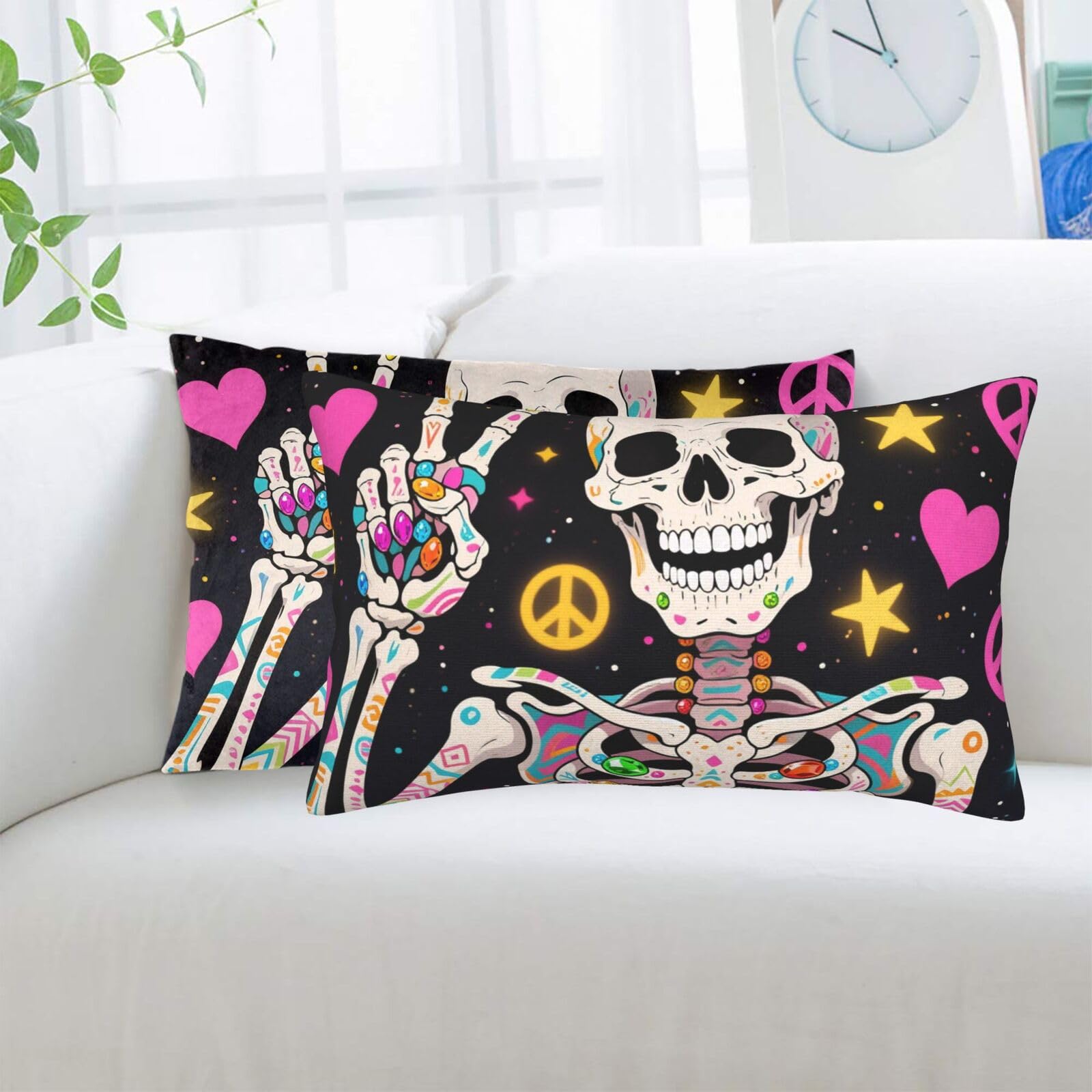 2 Pack Standard Pillowcases Sets, Ultra Soft Comfort Microfiber Plush Pillow Cases Hippie Skull Decorative Throw Pillow Cover with Hidden Zipper for Bedroom, Sofa, Couch,16"X24"
