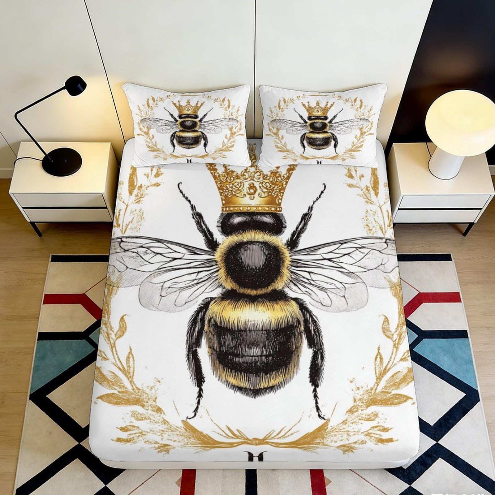 3D Printed Crowned Bee Fitted Sheet Microfiber Soft Anti-Slip Gold Black Queen Bed Cover for Bedroom Dorm Decorative Mattress Protection 90x200x25cm