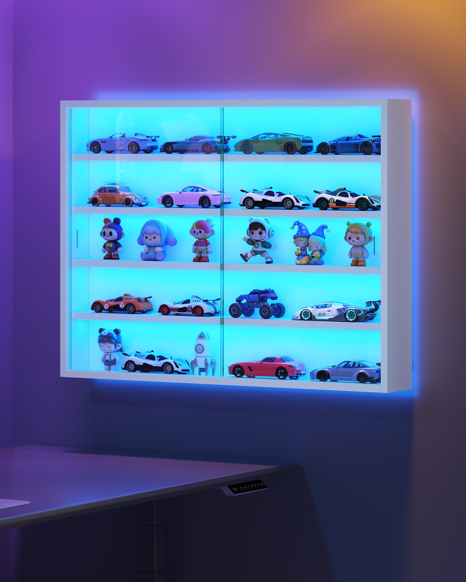 KIMENICH Sammlervitrine, 5-stöckige Glasvitrine mit LED-Beleuchtung, hängende Wandvitrine, Wandregal mit Glastüren, Hängevitrine für Figuren, Vitrinenschränke, Weiß