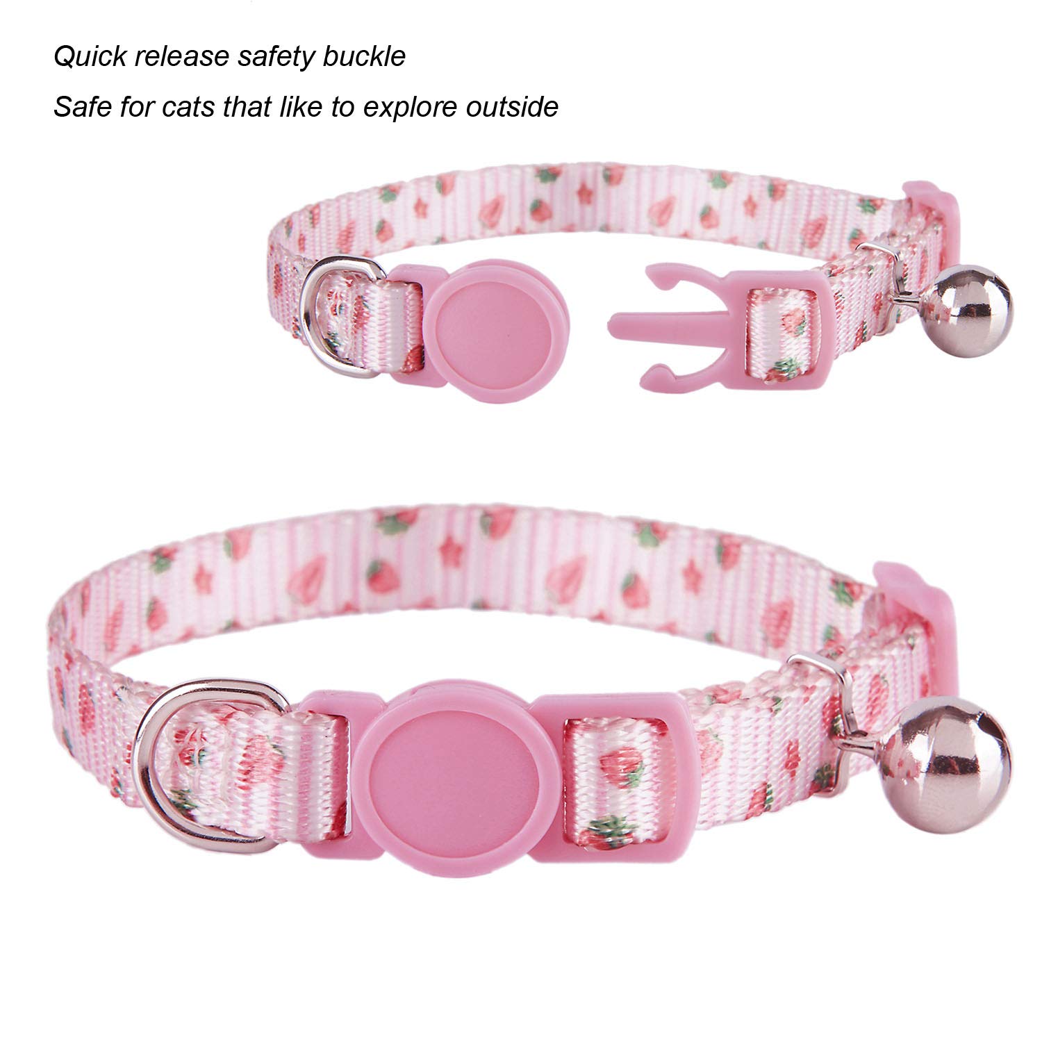 YUDOTE Cat Collars Pack of 2, Colorful Printed Basic Strong Girls Cat Collar Quick Release with Removeable Bell, Pink Purple — view 2
