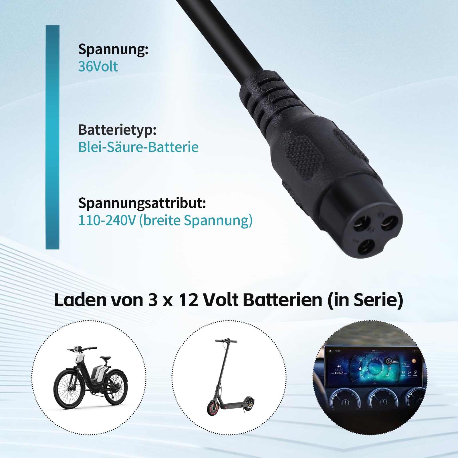 VBESTLIFE 36V intelligentes Automatisches Batterieladegerät,Bleibatterie Ladegerät Digitalanzeige für elektrisches Fahrrad/Automobil.(EU)