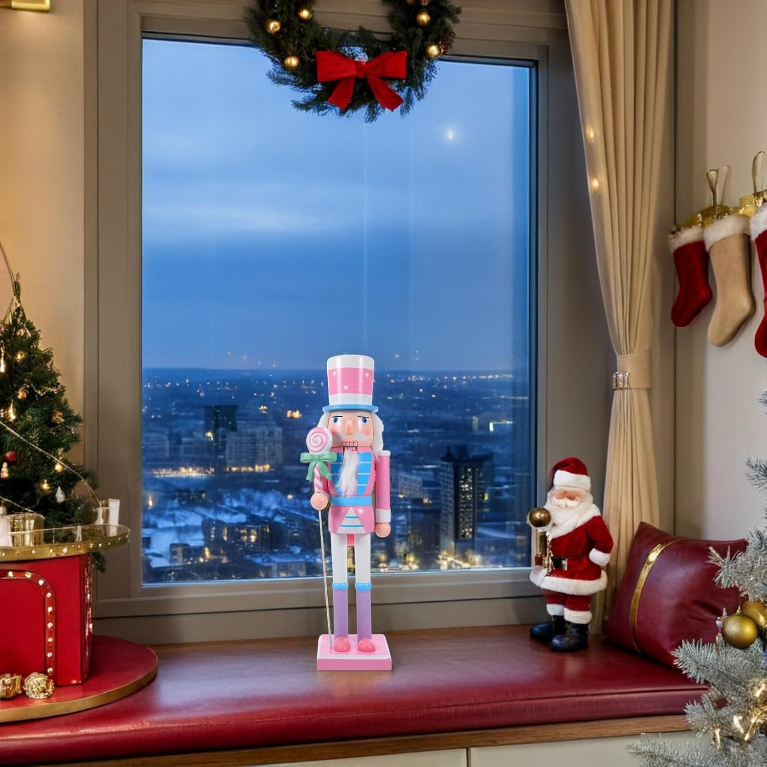 Christmas Nutcracker Soldier Figurine 38cm Wooden Pink Traditional Nutcracker Decoration for Holiday Home Party Table and Windowsill Display