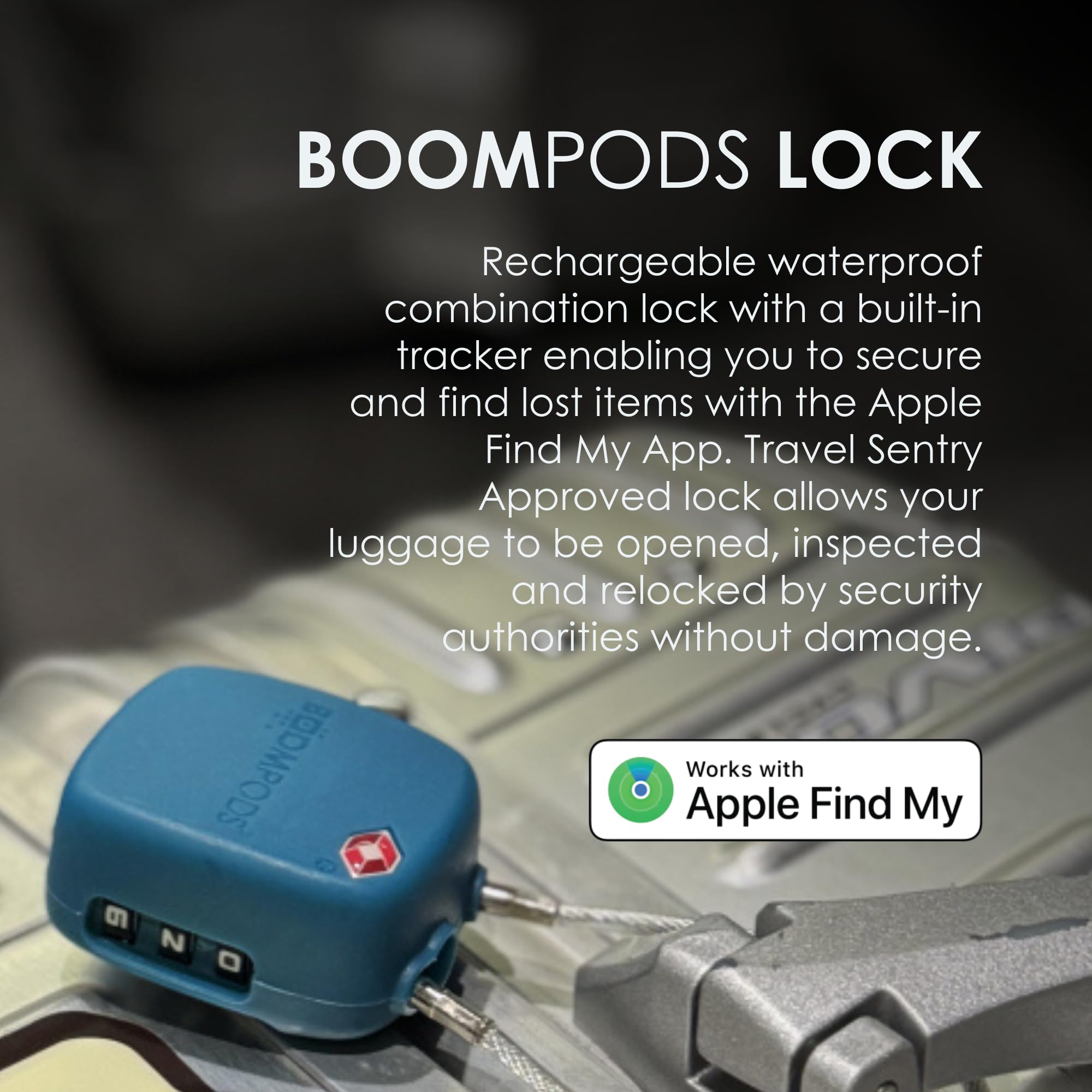 Boompods Cadenas Valise avec Fonction de Localisation - Cadenas Connectée avec Traceur Compatible avec Apple Find My App, Verrou Intelligent TSA pour Valise et Bagages, Batterie Rechargeable - Blanc