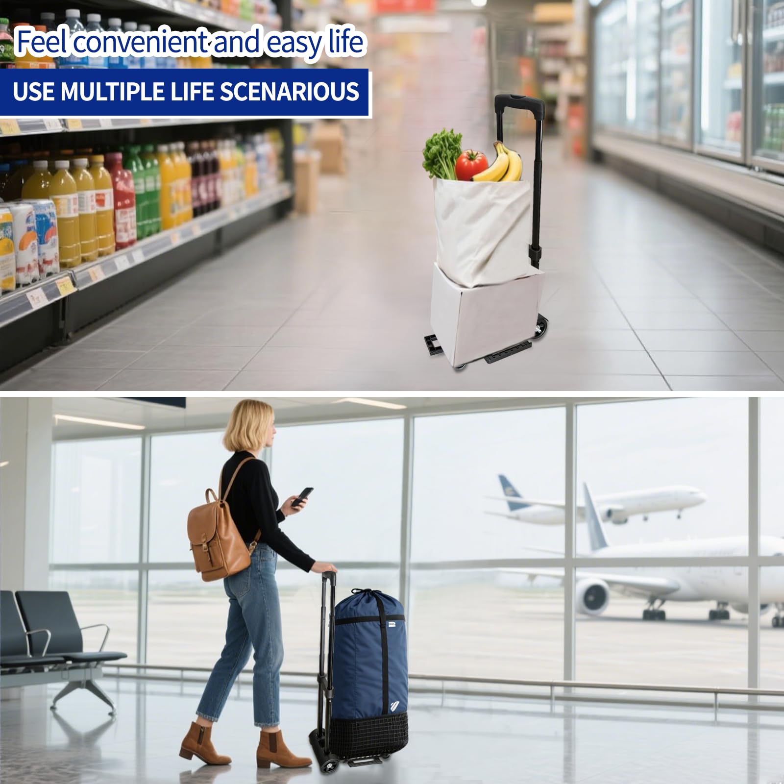 Carrello Pieghevole in Alluminio, Portatile Carrello per Trasporto, Portata Massima 65kg, Manico Telescopico Lungo 95.5 cm, Dimensioni Piattaforma 35 * 36 cm Ideale per Viaggi, Traslochi