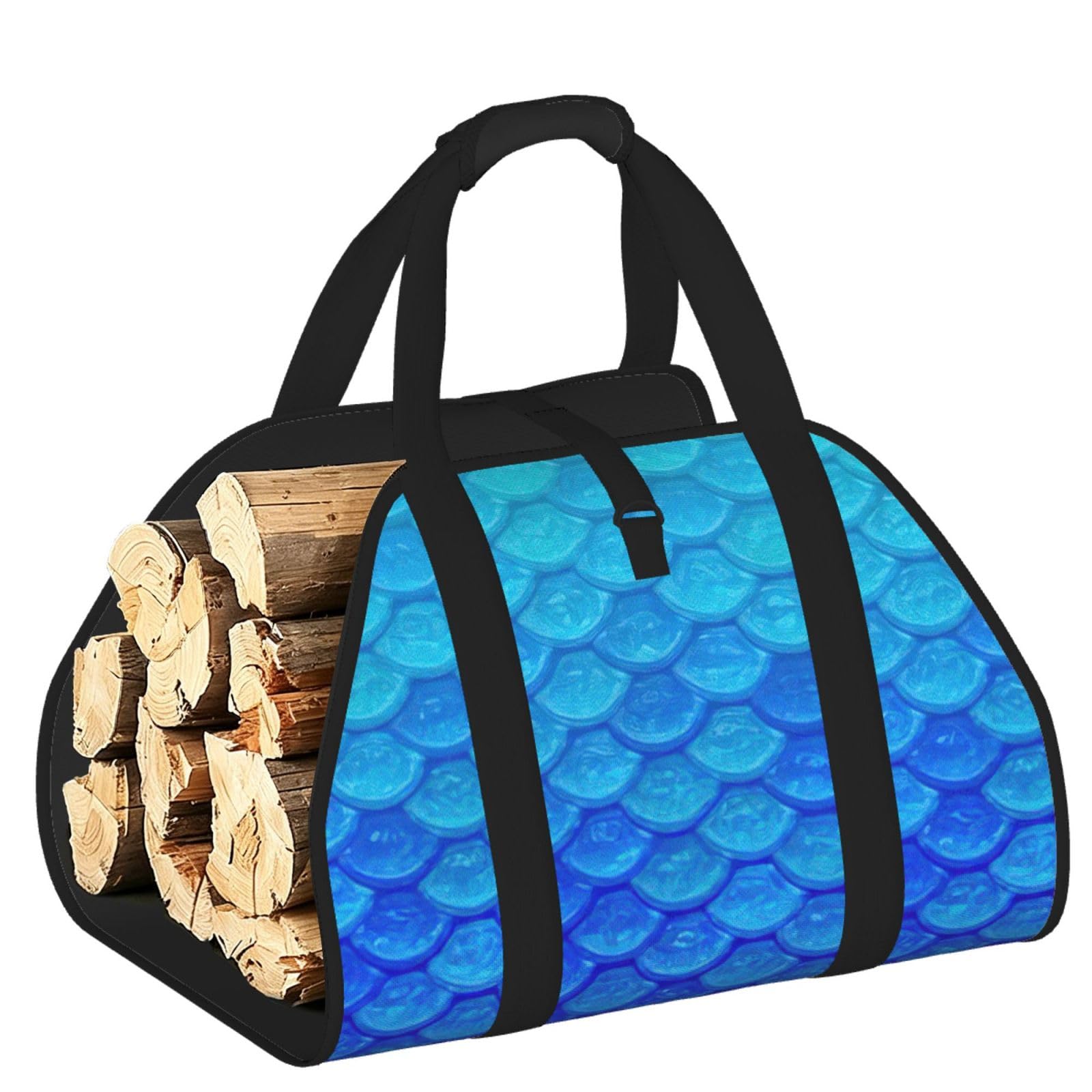 Ayyqwe Black Ocean Sea Blue Mermaid Fish Scale Print Firewood Bag Wood Waterproof Versatile Camping Picnic Storage Daily Home