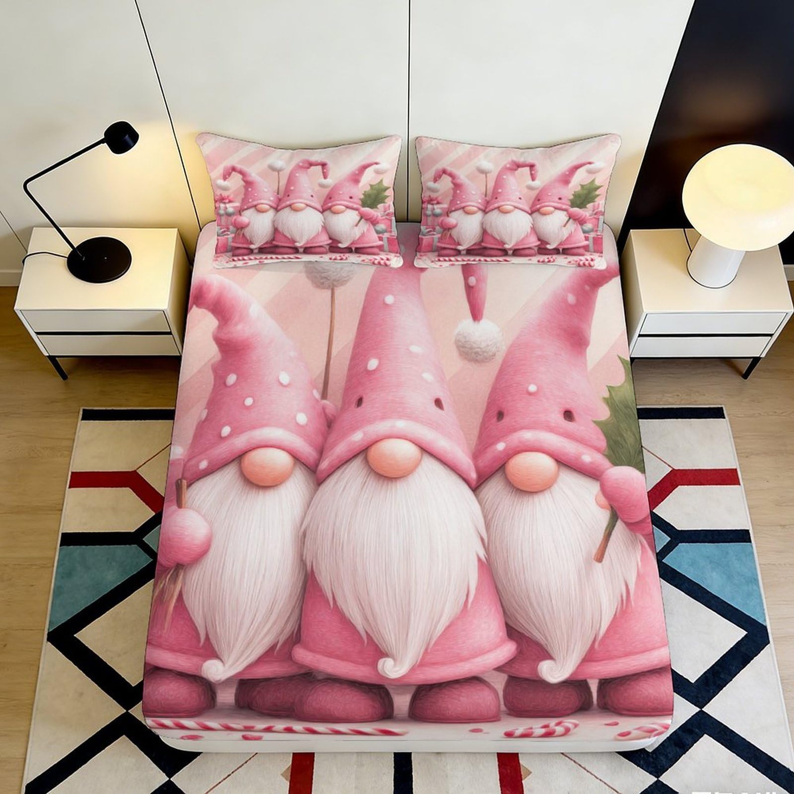 3D Printed Pink Gnome Fitted Sheet Microfiber Soft Decorative Christmas Elf Bed Cover for Bedroom Dorm Mattress Protection 90x200x25cm