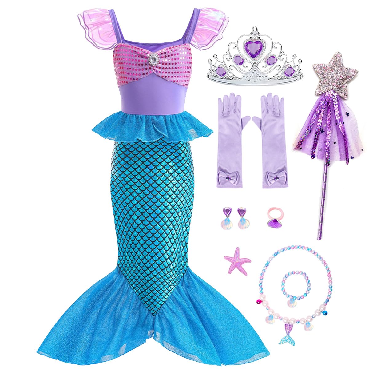 LiUiMiY Disfraz Vestido Sirenita Niña Princesa Ariel Sirena con Accesorios para Halloween Carnaval Fiestas Cumpleaños