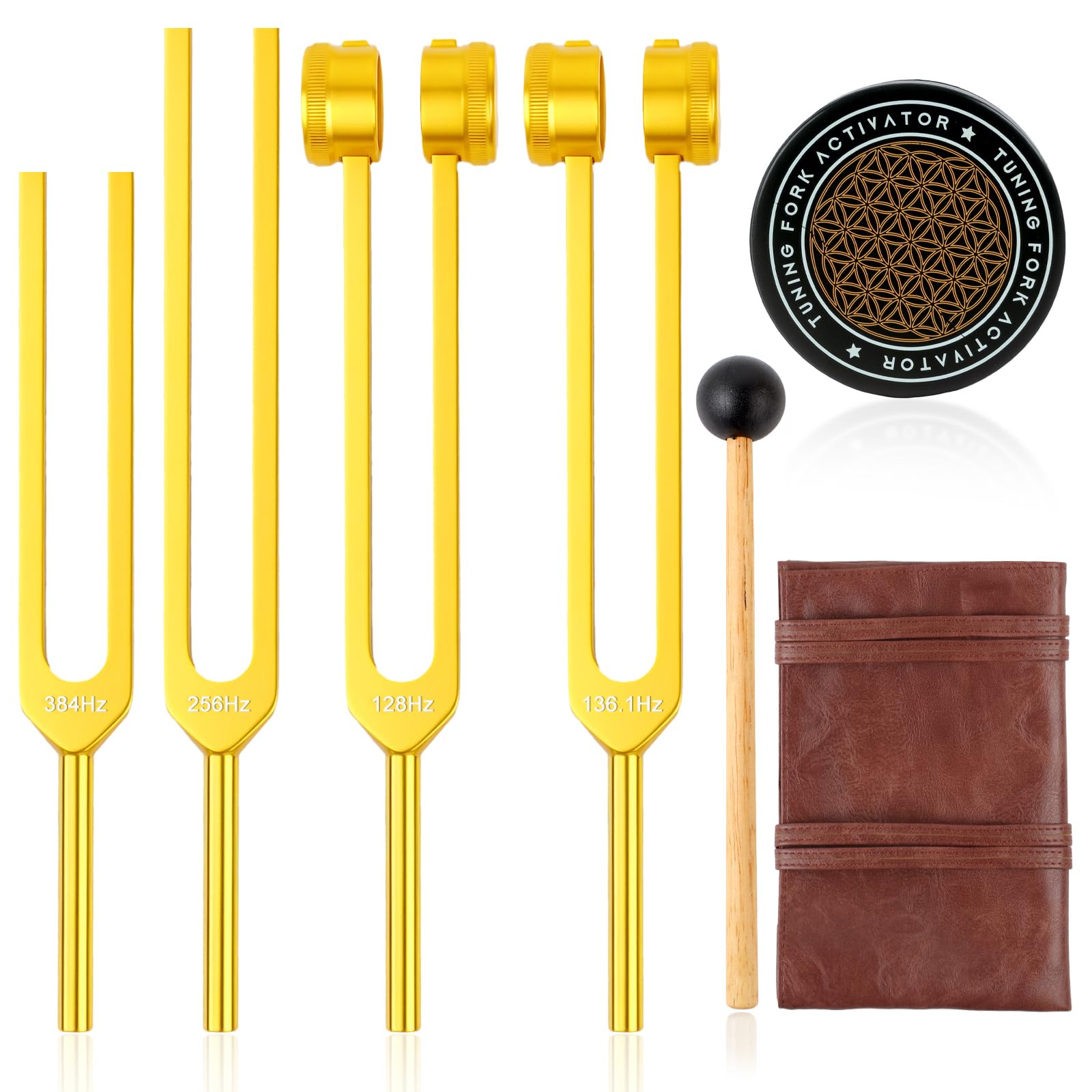 Tuning Forks for Healing Set (Gold) – Includes 128Hz, 136Hz, 256Hz, 384Hz & Activator, Portable in Red Leather Pouch – Medical Grade Sound Healing Instruments for Chakra, Yoga, and Meditation