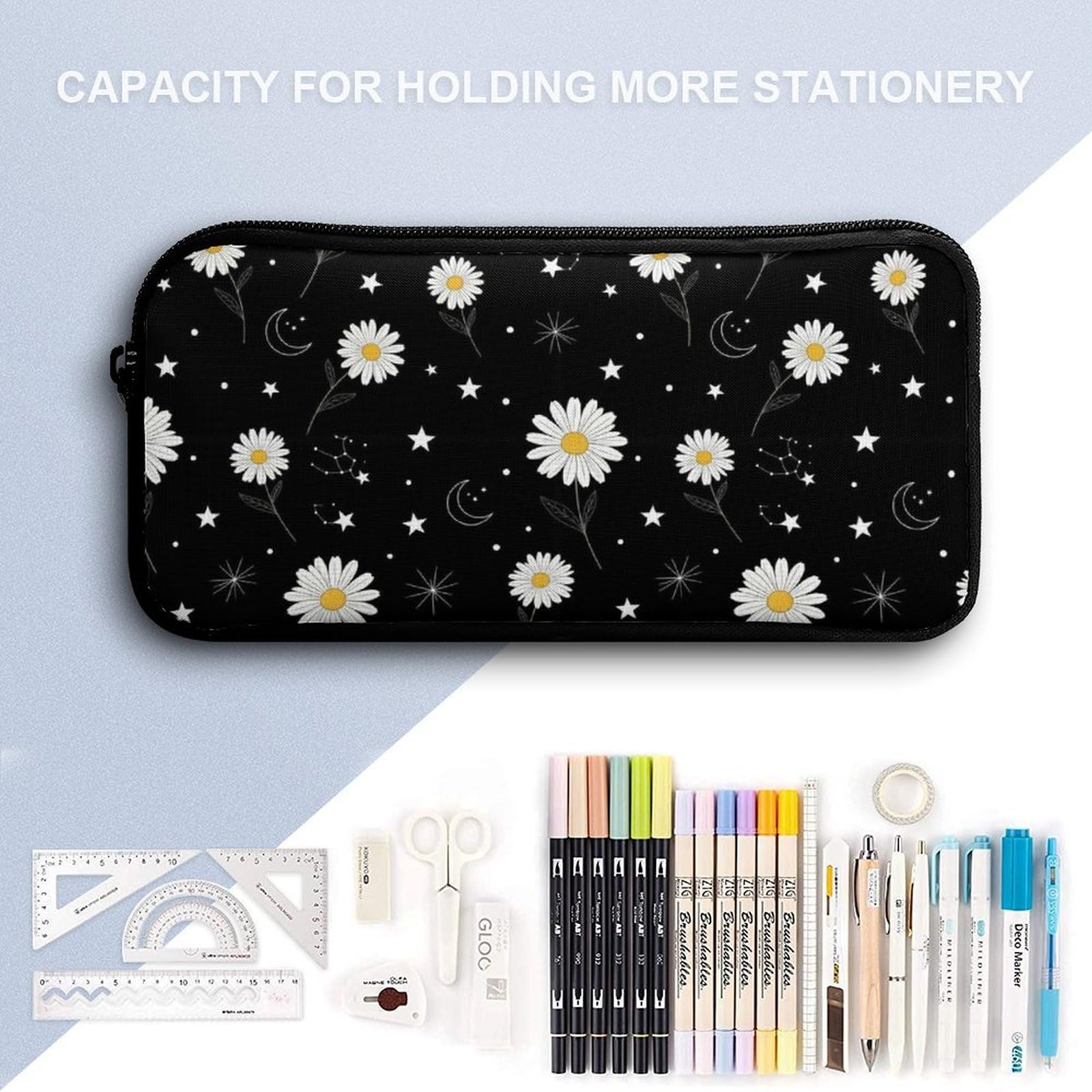 Ensemble sac à dos à motif marguerite soleil et lune avec boîte à lunch, trousse de maquillage et accessoires de toilette.