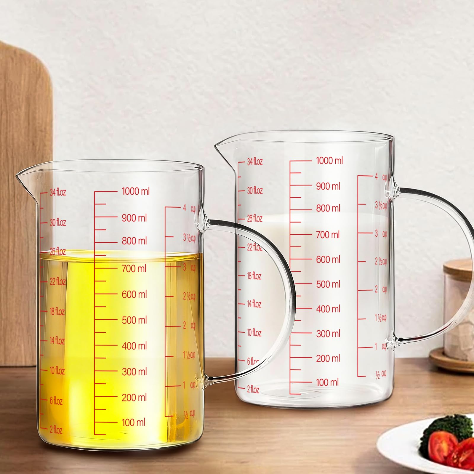 WhiteRhino Flüssigkeitsmessbecher aus Glas mit Griff, hochwertiges Borosilikatglas, drei Skalen (OZ, Tasse, ml/CC) für Küche oder Restaurant, V-förmiger Auslauf, Glas-Messbecher, leicht zu lesen (1000