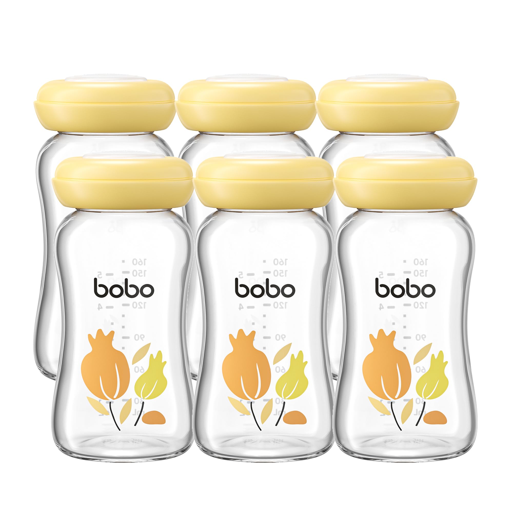 YOHKOH Premium Glass Bottles for Breast Milk, 4 x 160 ml - for Safe Breast Milk Storage, Dishwasher, Freezer and Microwave Safe (4 Pieces, 160 ml) (Yellow, 160 ml (Pack of 6))