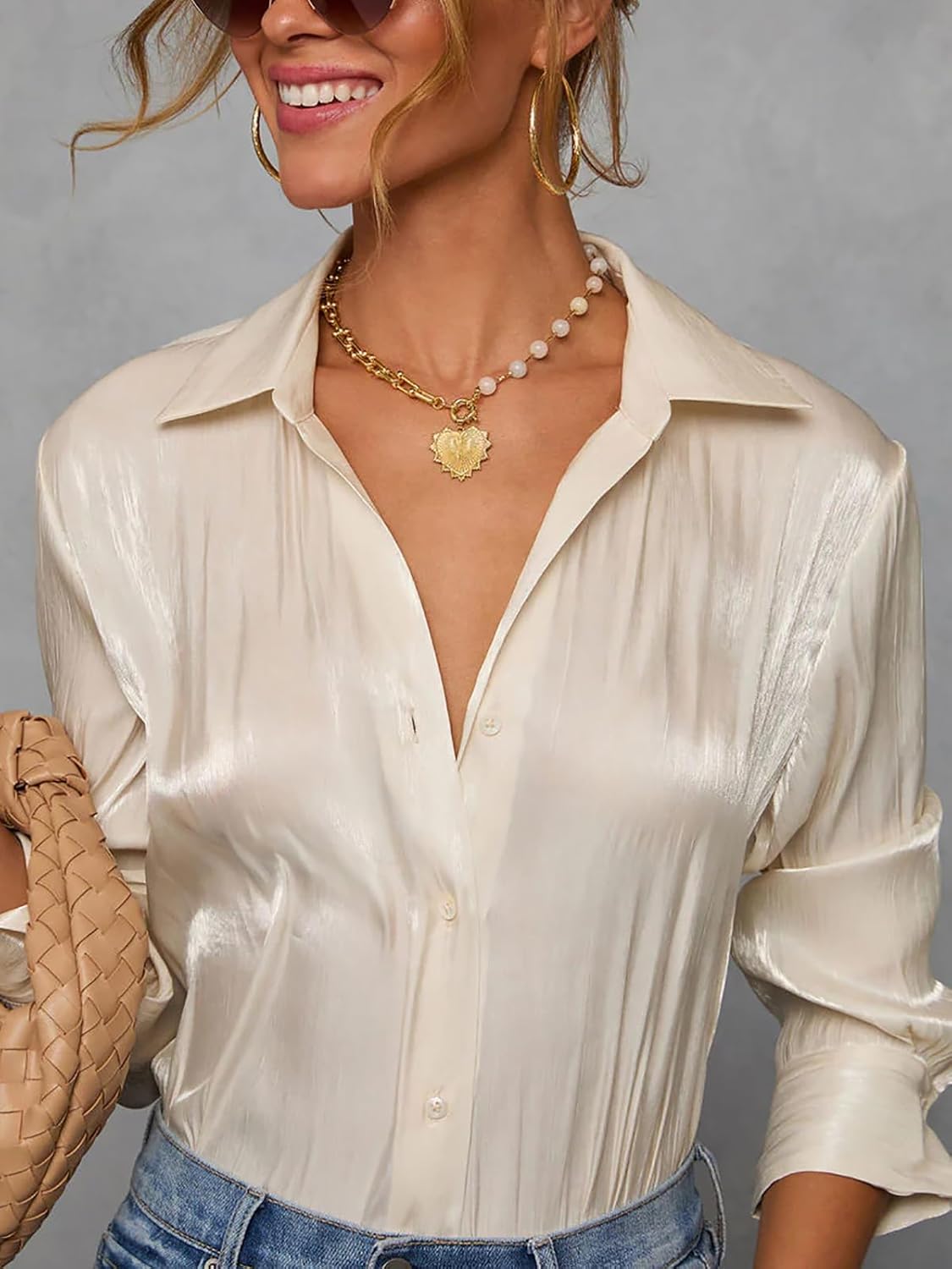 Button Down Shirts for Women Business Casual Fitted Tops Long Sleeve V-Neck Work Blouse Formal - Image 2