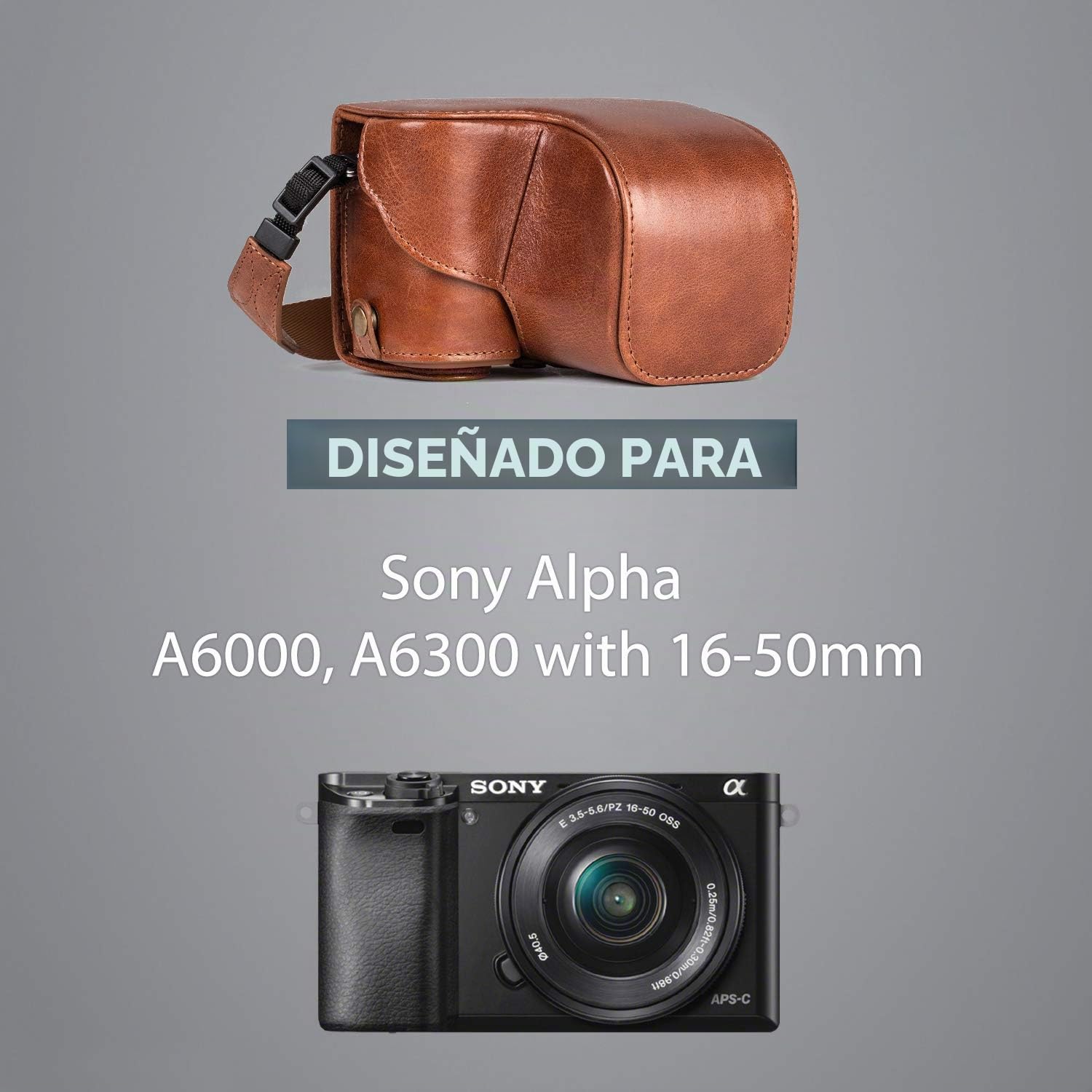MegaGear - Piel Genuina Bolsa de Funda Protectora Para Sony Alpha A6000, A6300 con 16-50mm (Oscuro Marrón)