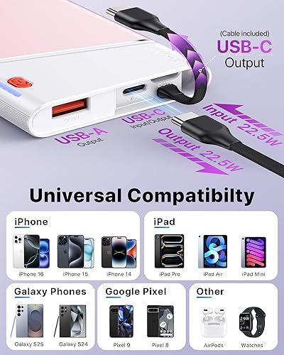 Miniatura 7 de Cargador portátil con cargador portátil, 10,000 mAh, 22,5 W, PD, batería de carga súper rápida con cable USB C integrado de entrada y salida,