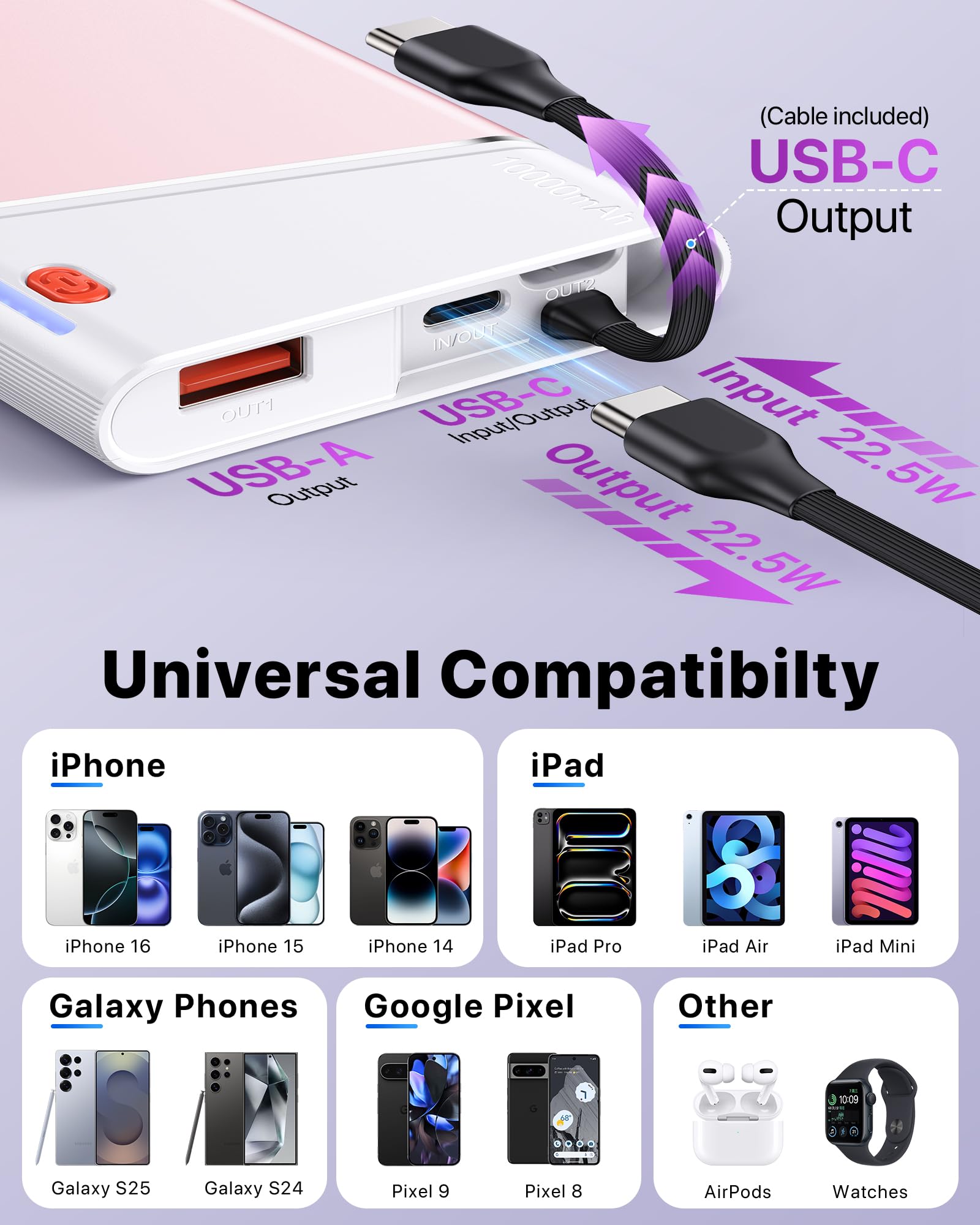 Aaoyun Portable Charger Power Bank, 10000mAh 22.5W PD Fast Charging Powerbank with Built-in USB C Cable, Slim External Phone Battery Pack for iPhone 17/16/15 Samsung S24 Android etc (Pink) view 7