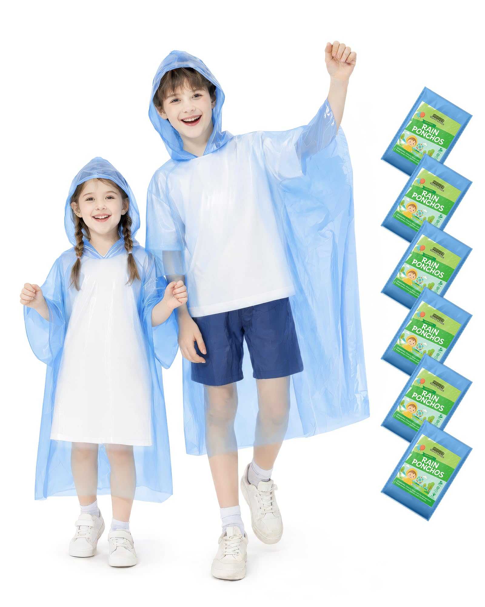 Hitituto Rain Ponchos Family Pack Kids– 6/12/24 Pack Disposable Poncho with Hood, Clear &amp; Assorted Colors, Home Survival Kits