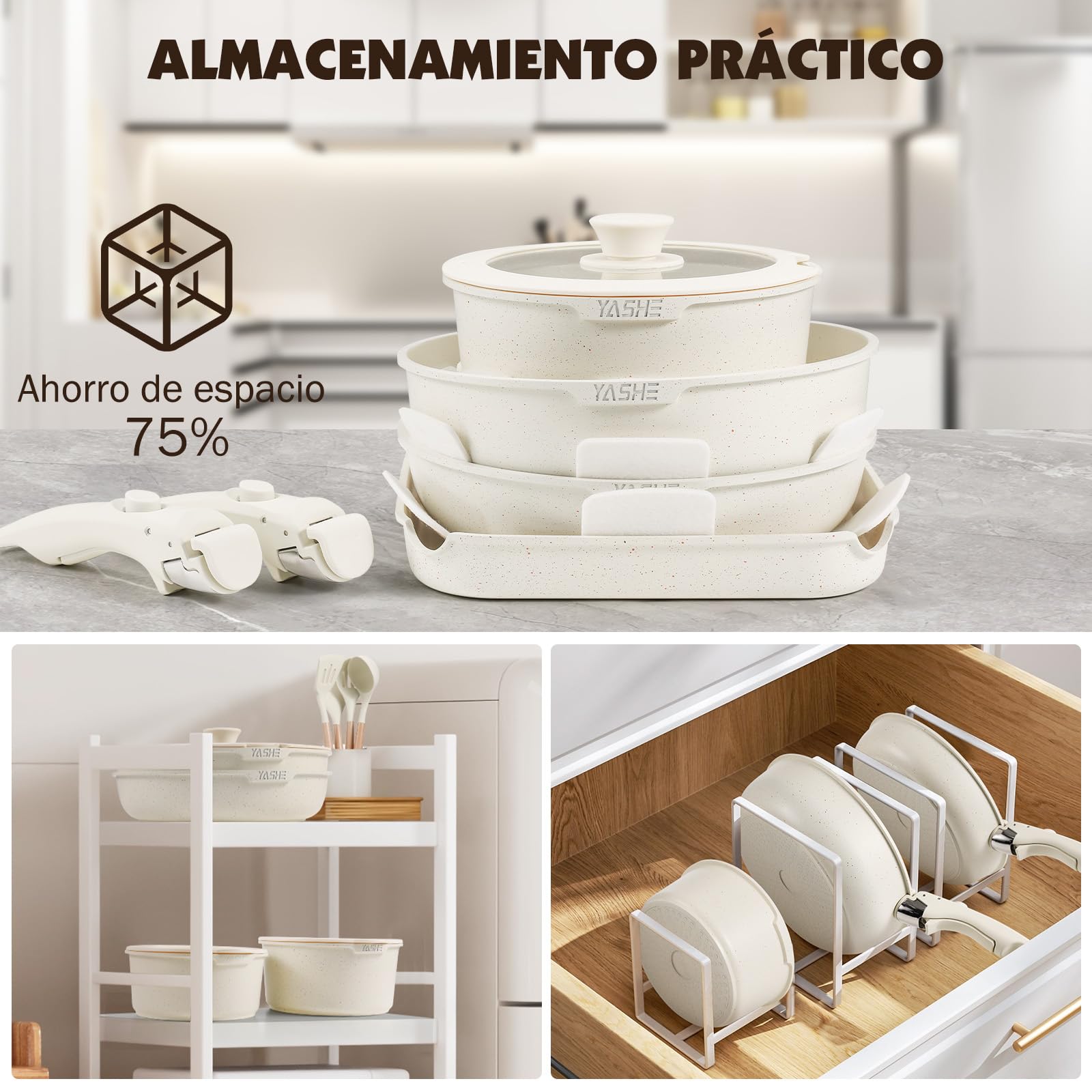YASHE Batería de Cocina 21 Piezas, Antiadherente, con Mangos Desmontables y Tapas de Vidrio, Compatible con Inducción, Horno y Lavavajillas, Apilable, Blanca | Dos mangos extraíbles y sartén grill cuadrada; cuerpos aptos para horno, apilables y compatible