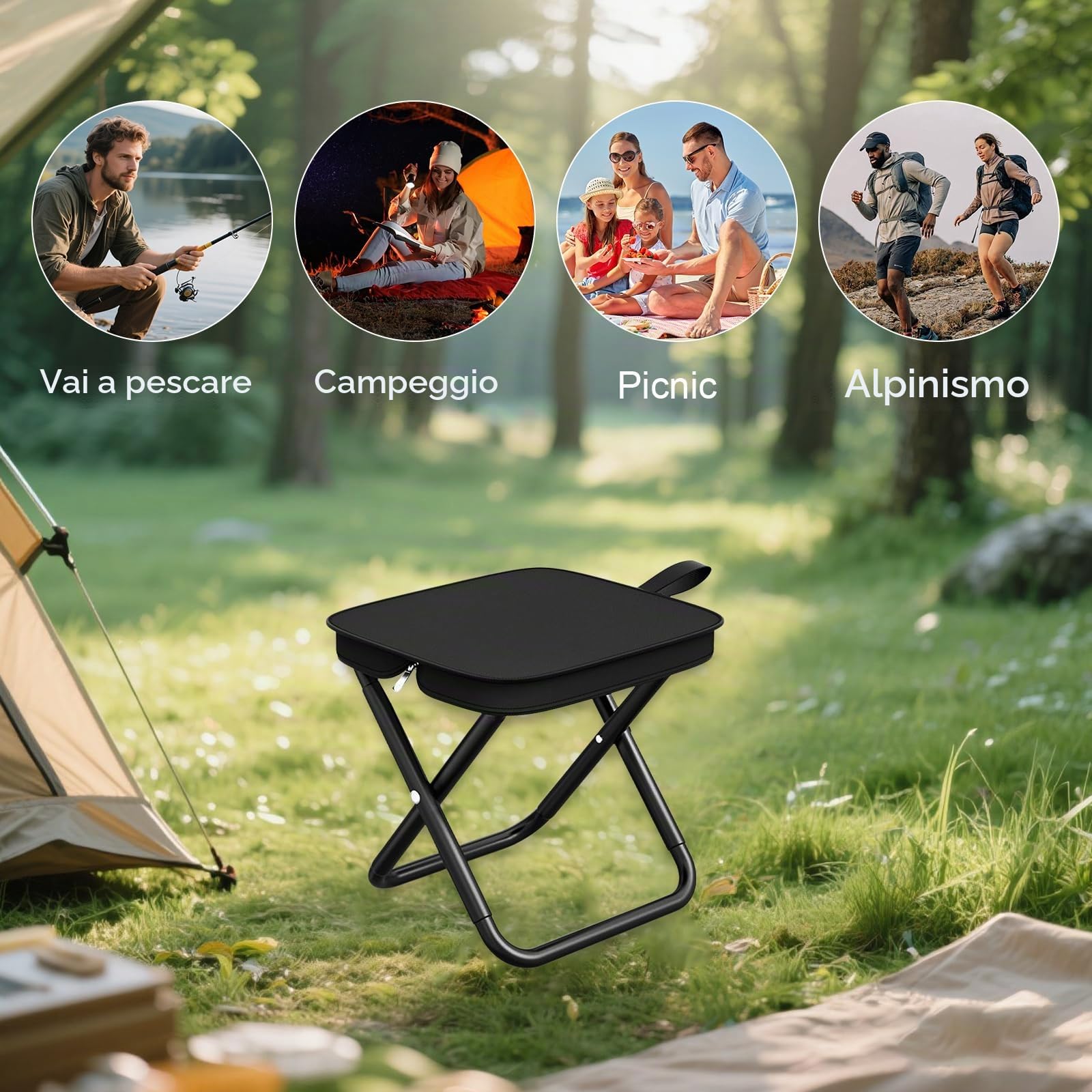 Sgabello Pieghevole per Esterni Portatile, Sgabello Pieghevole in Acciaio al Carbonio Resistente, Piccola Sedia da Pesca Alta Capacità di Carico, per Campeggio Pesca Picnic Viaggi Escursioni (Nero)