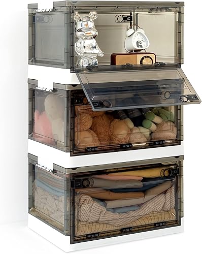 Contenedores de almacenamiento con tapas y puertas, contenedores de almacenamiento apilables de plástico con frente abierto, cajas de almacenamiento