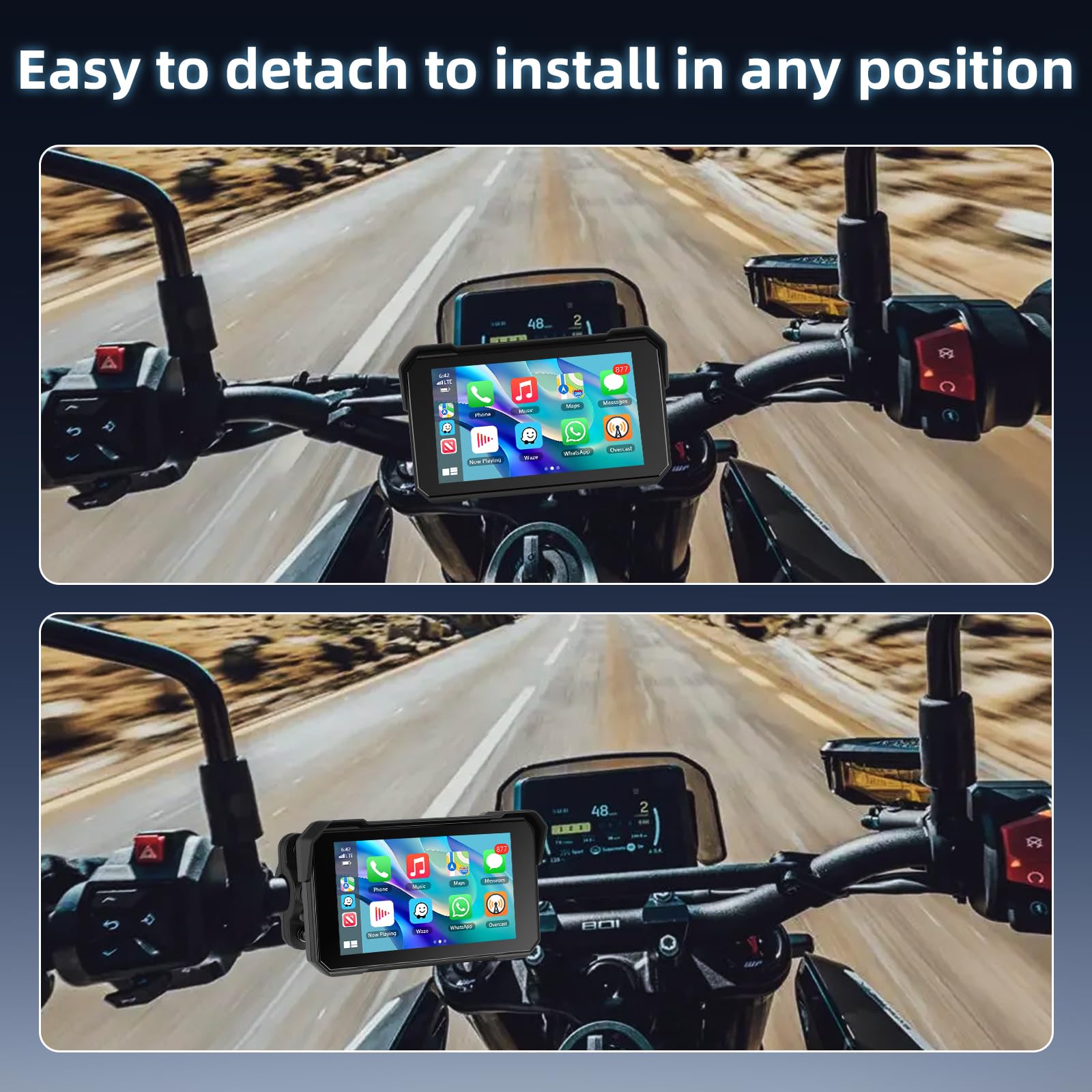 Schermo Carplay per Moto con Senza Fili CarPlay e Android Auto, 5 Pollici Impermeabile Touchscreen, Doppio Bluetooth, Navigazione GPS, Siri/G00gle Assistente, Plug-and-Play