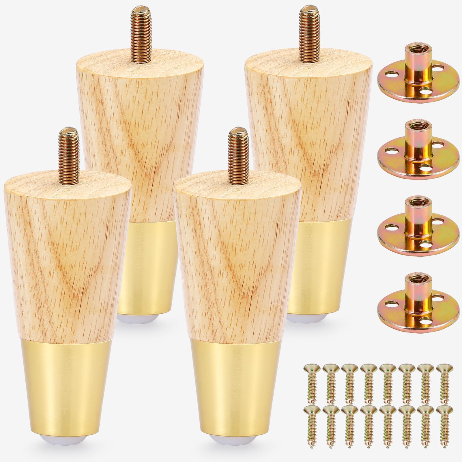 Stahala Wood Furniture Legs 4 Inch with Gold Cap,Sofa Replacement Wooden Leg Set of 4,Cabinet Legs,Dresser Legs,Couch Legs,Recliner Legs