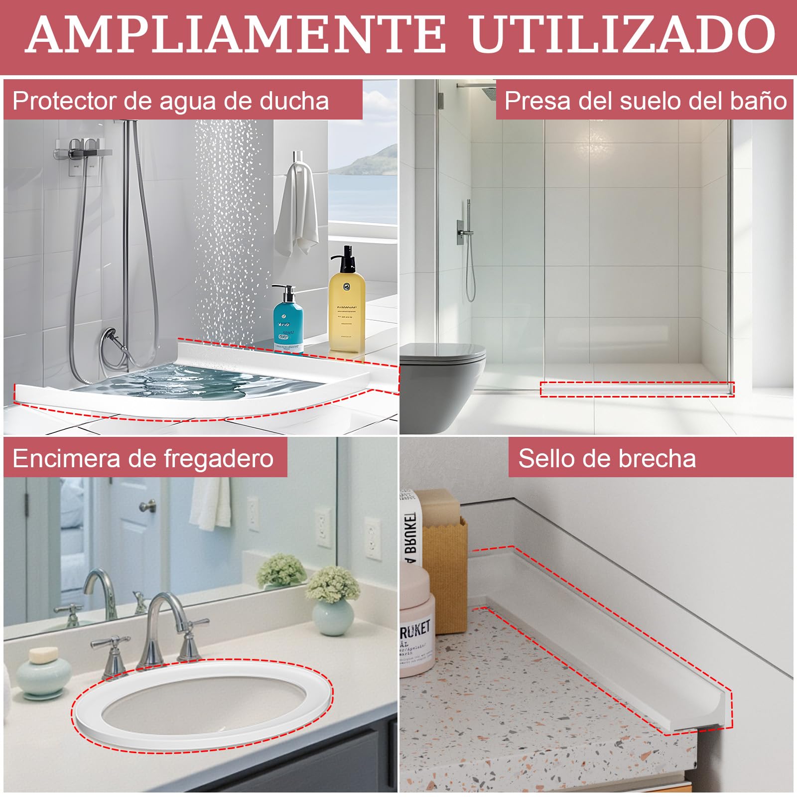 alophoty 1M Barrera Agua Ducha Blanco - Perfil Silicona Ducha, Impermeable, Plegable, Fácil Instalación, Previene Desbordamientos y Filtraciones