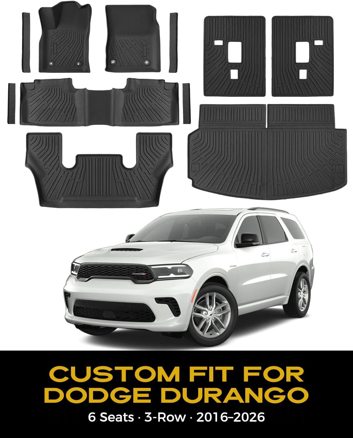 TAPTES Floor Mats for Dodge Durango 6 Seats 2026 2025 2024-2016 with 4 Door Sill Guards, All Weather Floor Liners with Cargo Trunk Mat & Seat Backrest Protector, Full Set Accessories for Dodge Durango