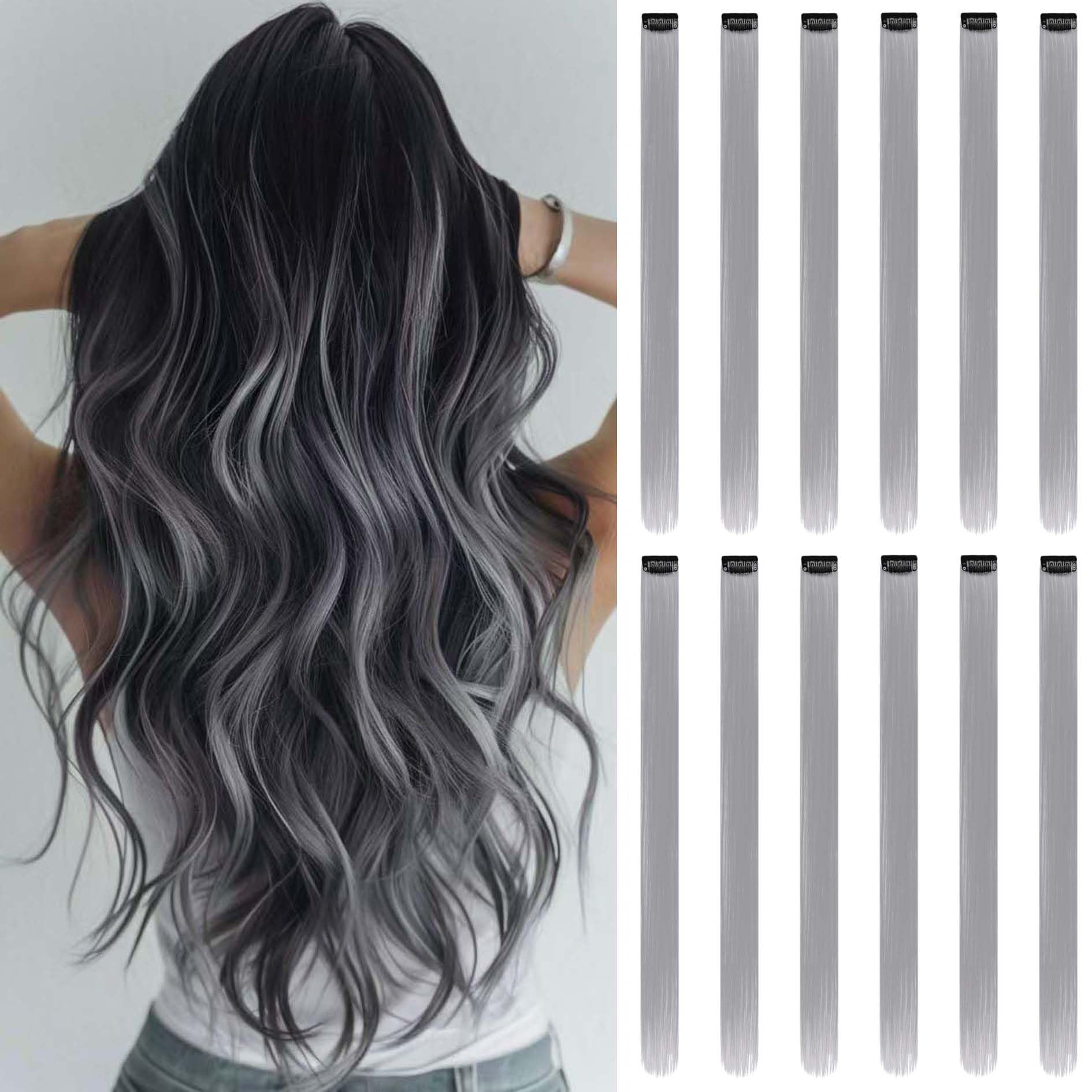 Colored Hair Extensions Clip In, 12 Pieces, Gray, 12 Pcs Gray, 22 Inch (Pack of 1)