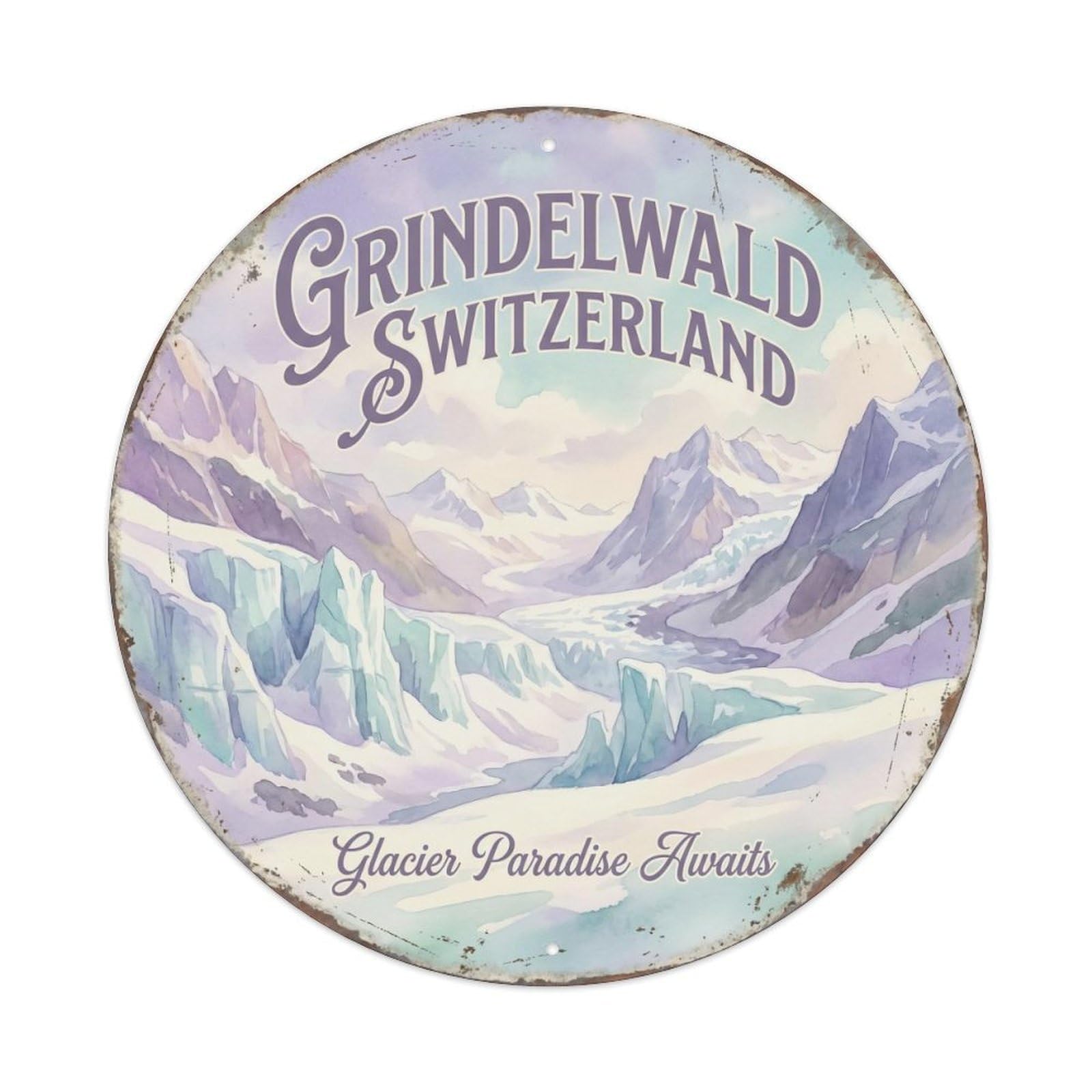 Vintage Travel Grindelwald Switzerland Glacier Metal Tin Sign Plaque Wall Decor for Cafe, Club, Garden Round Metal Poster 8x8Inch