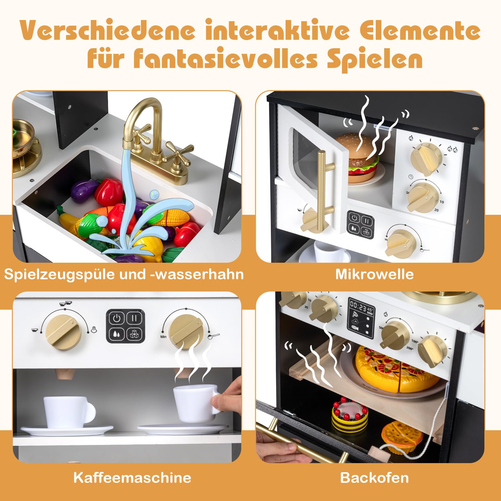 COSTWAY Kinderküche Holz, Spielküche mit Herd, Spüle, Wasserhahn, Backofen, Eismaschine, Mikrowelle & Kaffeemaschine, Holzküche mit Licht und Sound, inkl. Zubehör, für Kinder ab 3 Jahren (Schwarz)