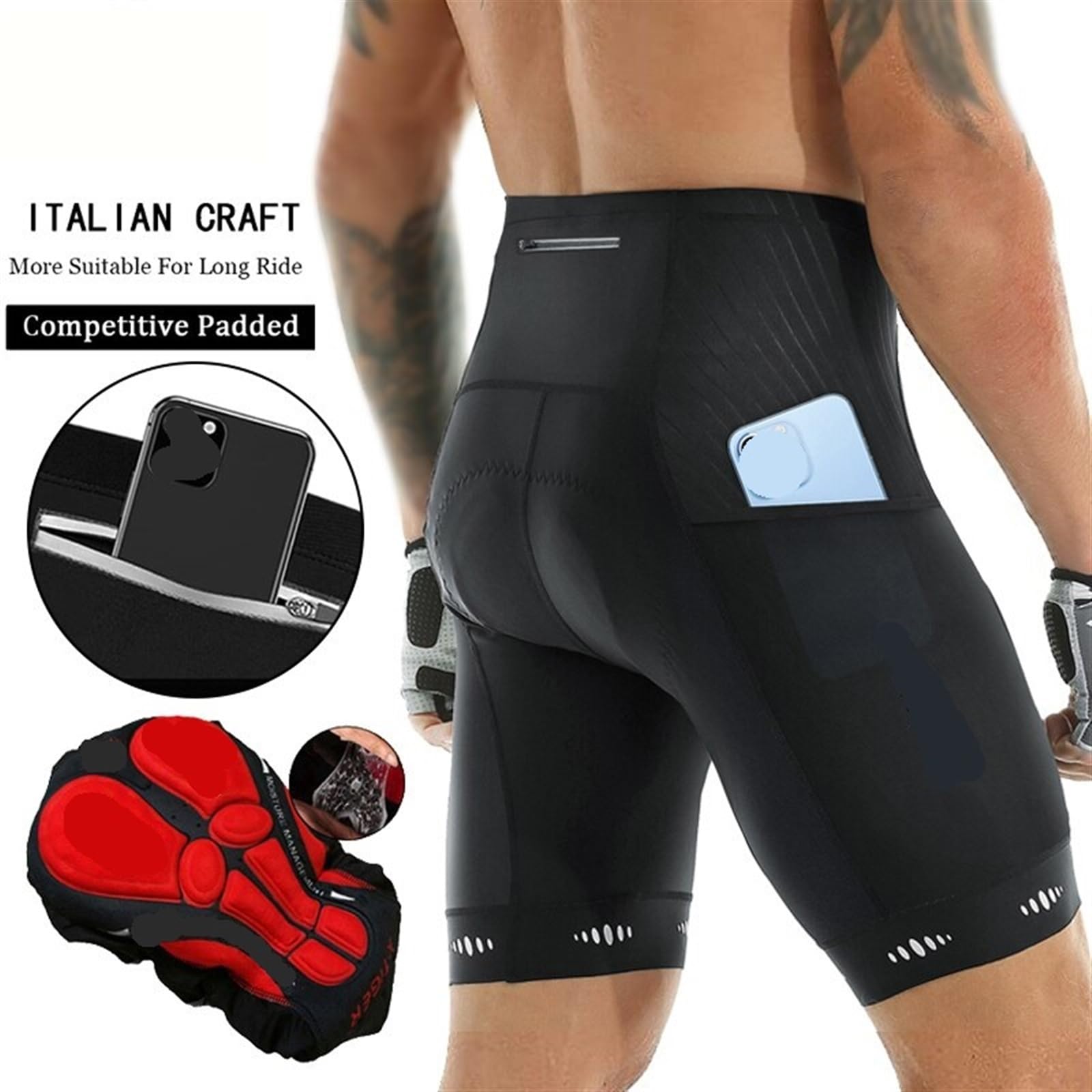 Pantalones Cortos de Ciclismo for Hombre con Bolsillo Trasero, Pantalones Cortos Acolchados de Gel 5D for Ciclismo de montaña y Carretera, Medias Medias Culotte Ciclismo Hombre(Europe-XL)