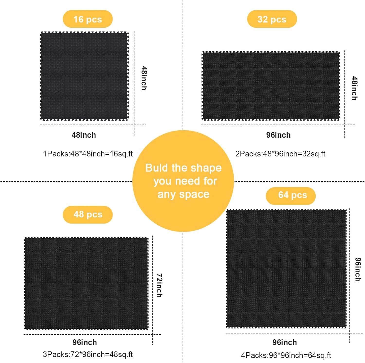 Shihanee Foam Floor Tiles Foam Floor Mats Play Mats Bulk with Borders Interlocking for Bedroom Gym Nursery (11.8 x 11.8 Inch,Black)