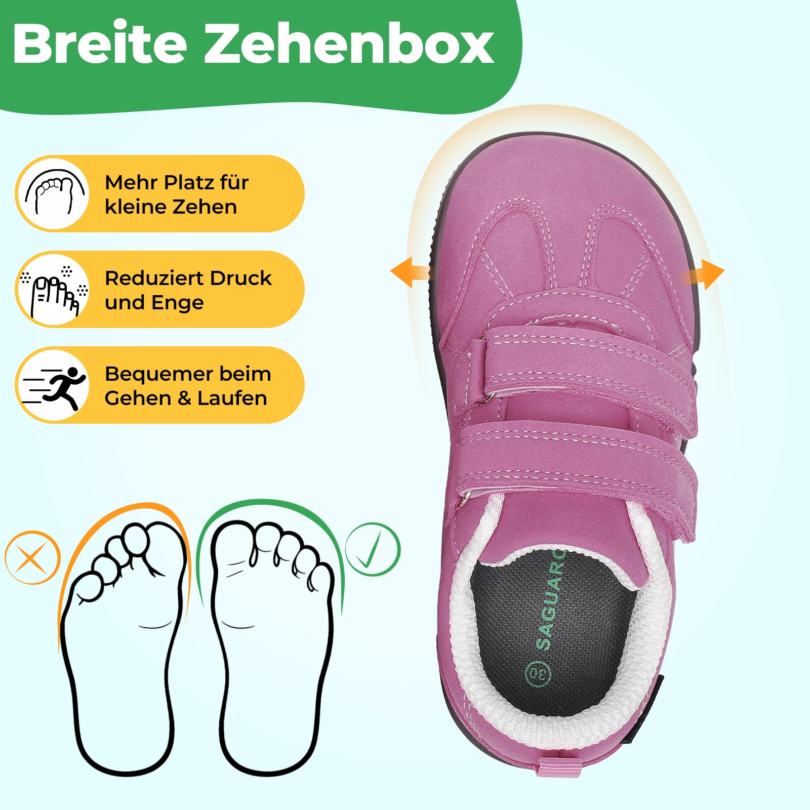 Saguaro Kinder Barfußschuhe Hausschuhe - Klettverschluss & Breite Zehenbox & Zero-Drop-Sohle, Gr.25-35