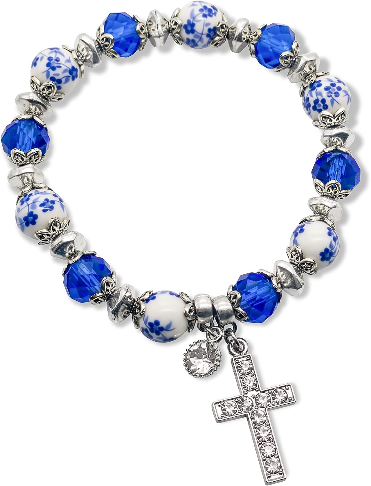 Handmade Crystallized Glass Beads Cross Bracelet with Ceramic Flower Beads Religious Christian Bangle for Women and Men