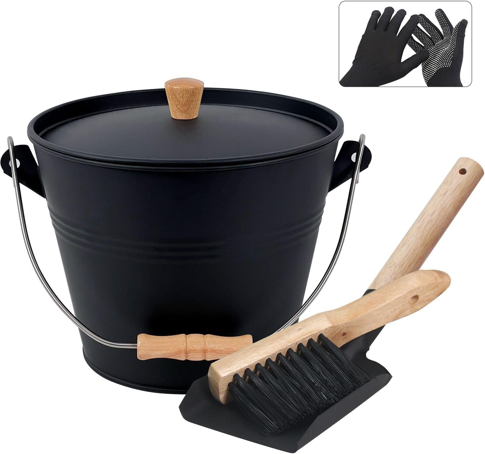 BRIAN & DANY Coal Bucket with Lid, Ash Bucket for fireplaces, 5L Metal Buckets for Hot Ash with Shovel and Hand Broom