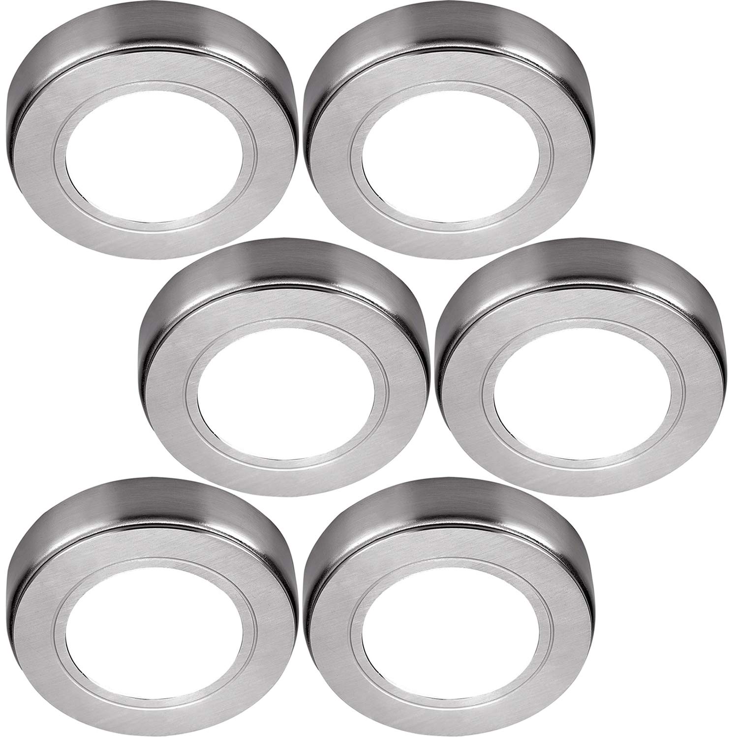 Loops 6 Pack | Bright 2.6W LED Under Cabinet Spot Lights & Driver Kit | Kitchen Worktop Countertop Cupboard Unit Down Light | Modern Round Lighting Brushed Nickel 6 Lights & Driver